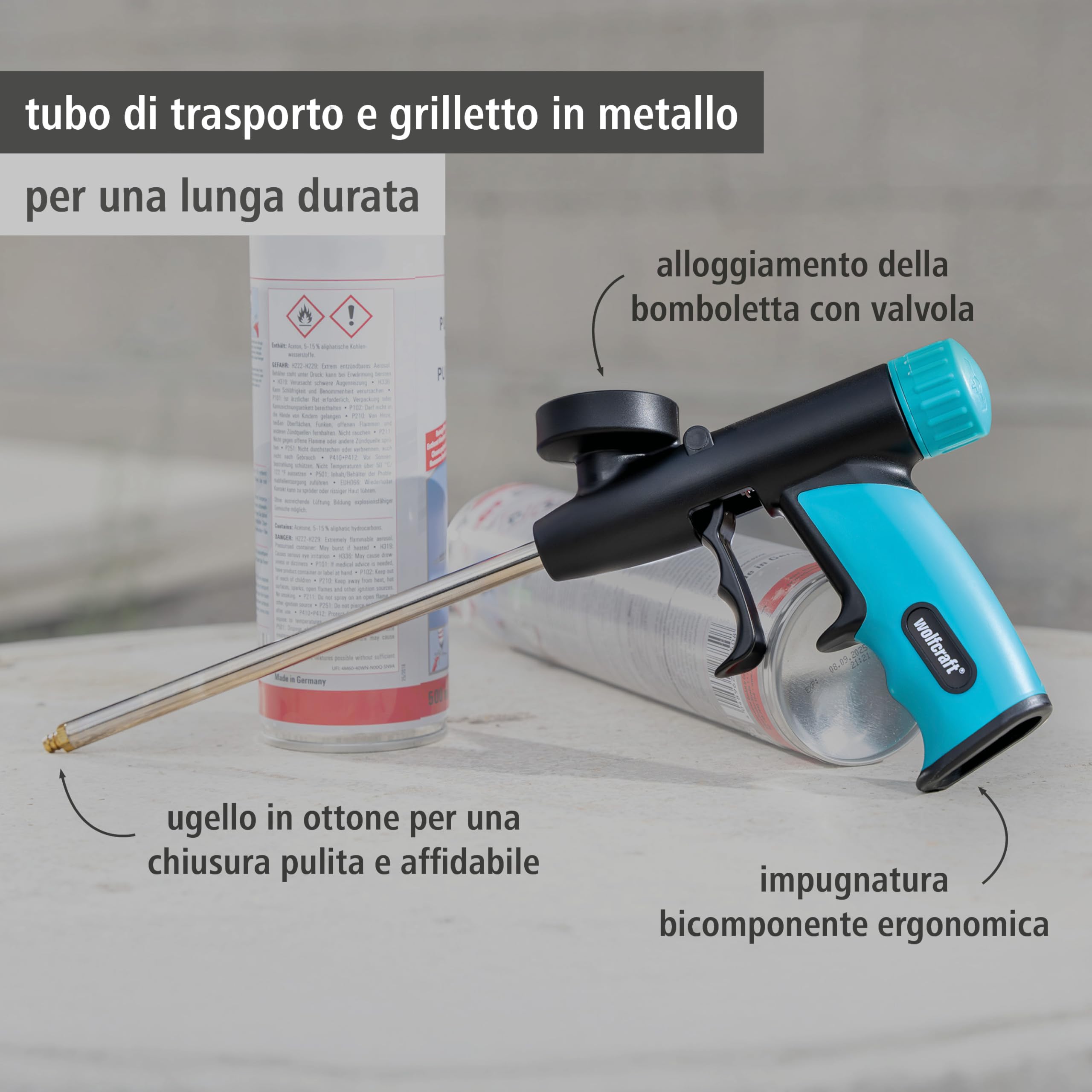 wolfcraft Pistola dosatrice per schiuma di montaggio I 4342000 I Per sigillare, isolare e incollare con precisione