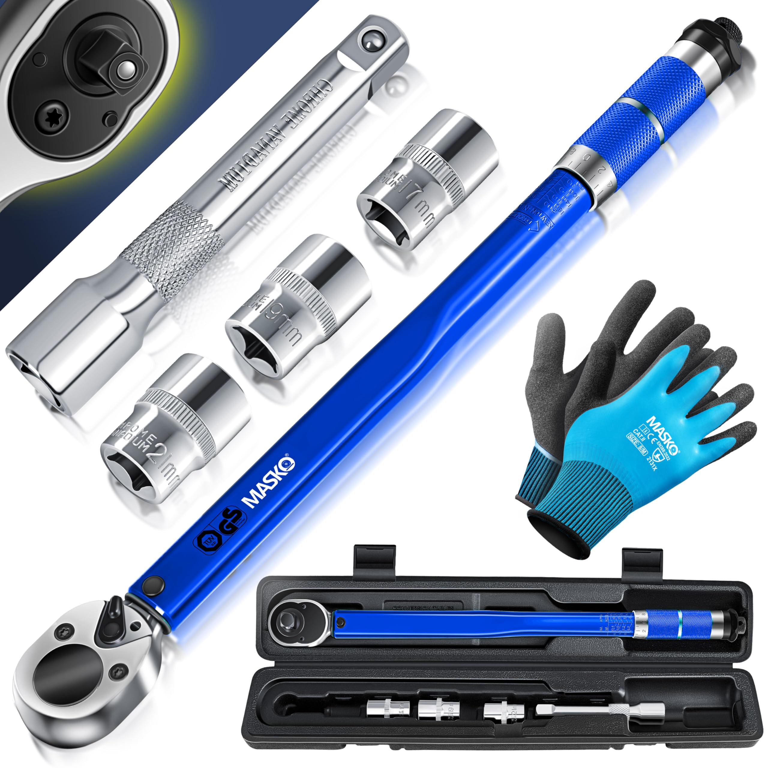 Masko clé dynamométrique 40-210 Nm 1/2" CV avec 3 douilles 17-21 mm et rallonge 125 mm coffret