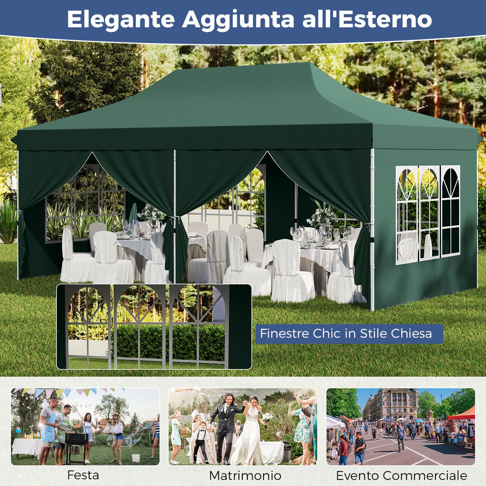 GYMAX 3 x 6 M Gazebo Pieghevole, Gazebo Esterno Resistente con 6 Parti Laterali Rimovibile, Tenda in Tessuto Oxford Impermeabile con Borsa, per Giardino, Campeggio (Verde)