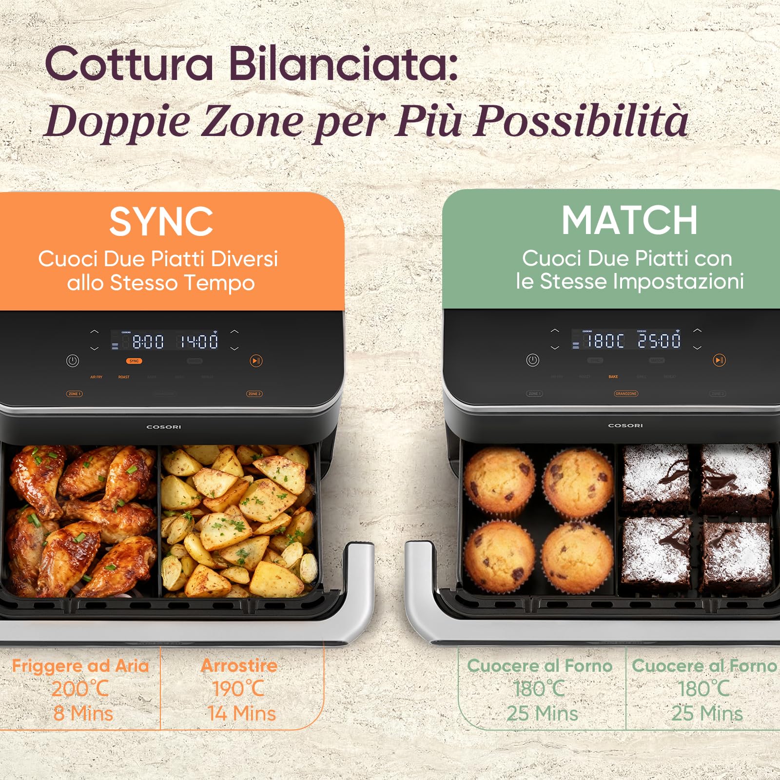 COSORI Friggitrice ad Aria 10 Litri, 7 in 1 Doppia Resistenza TwinFry con Doppio Cestello 5L+5L e Separatore Rimovibile, 2800W Air Fryer WiFi, 40-240℃, 70 Ricette Online, TF-102S