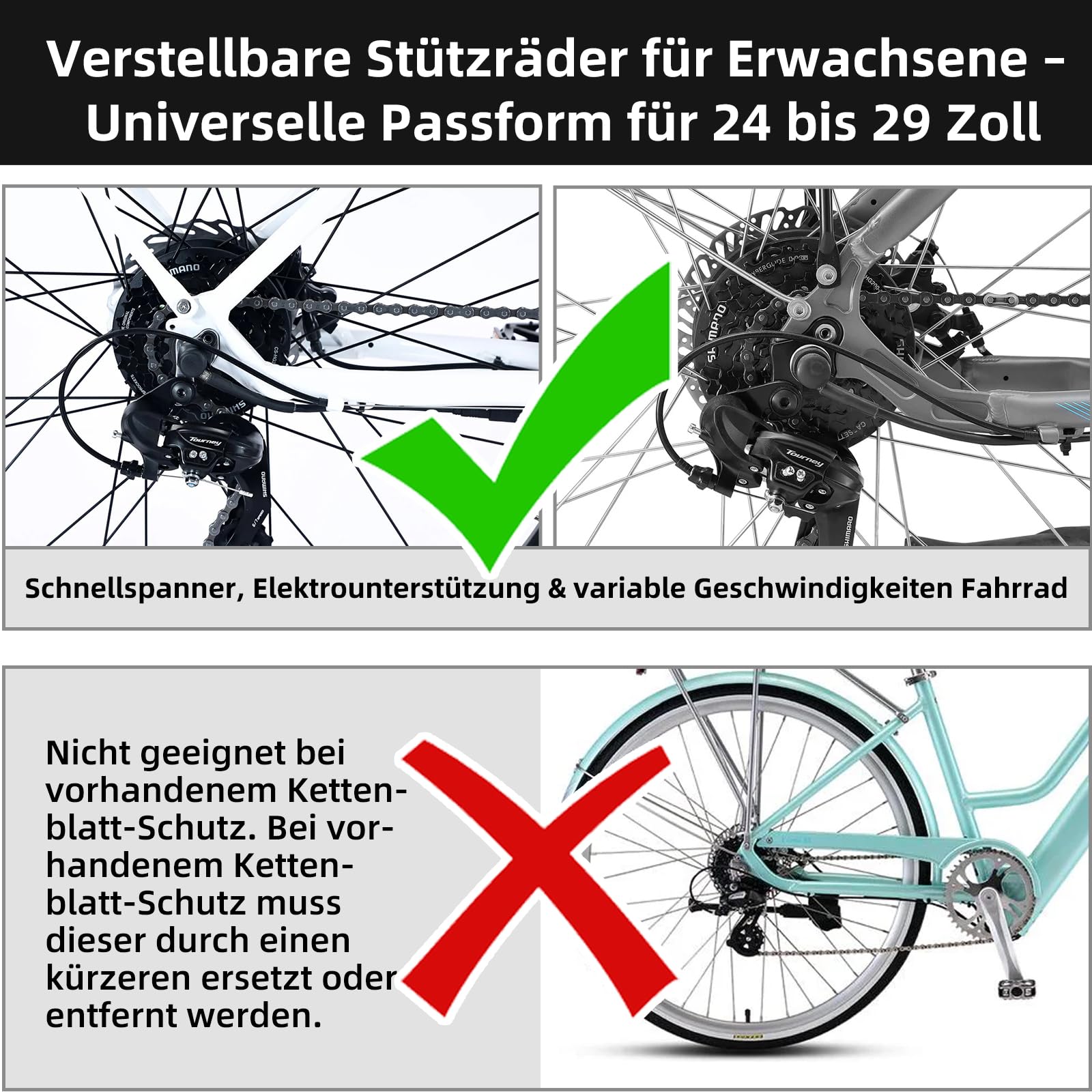 Stützräder für Erwachsene | Verstellbares Trainingsrad Set | Universell für 24-29 Zoll Felgen (700C) | Für Schnellspanner & E-Bikes | Bis 100 kg (220 lbs) Traglast