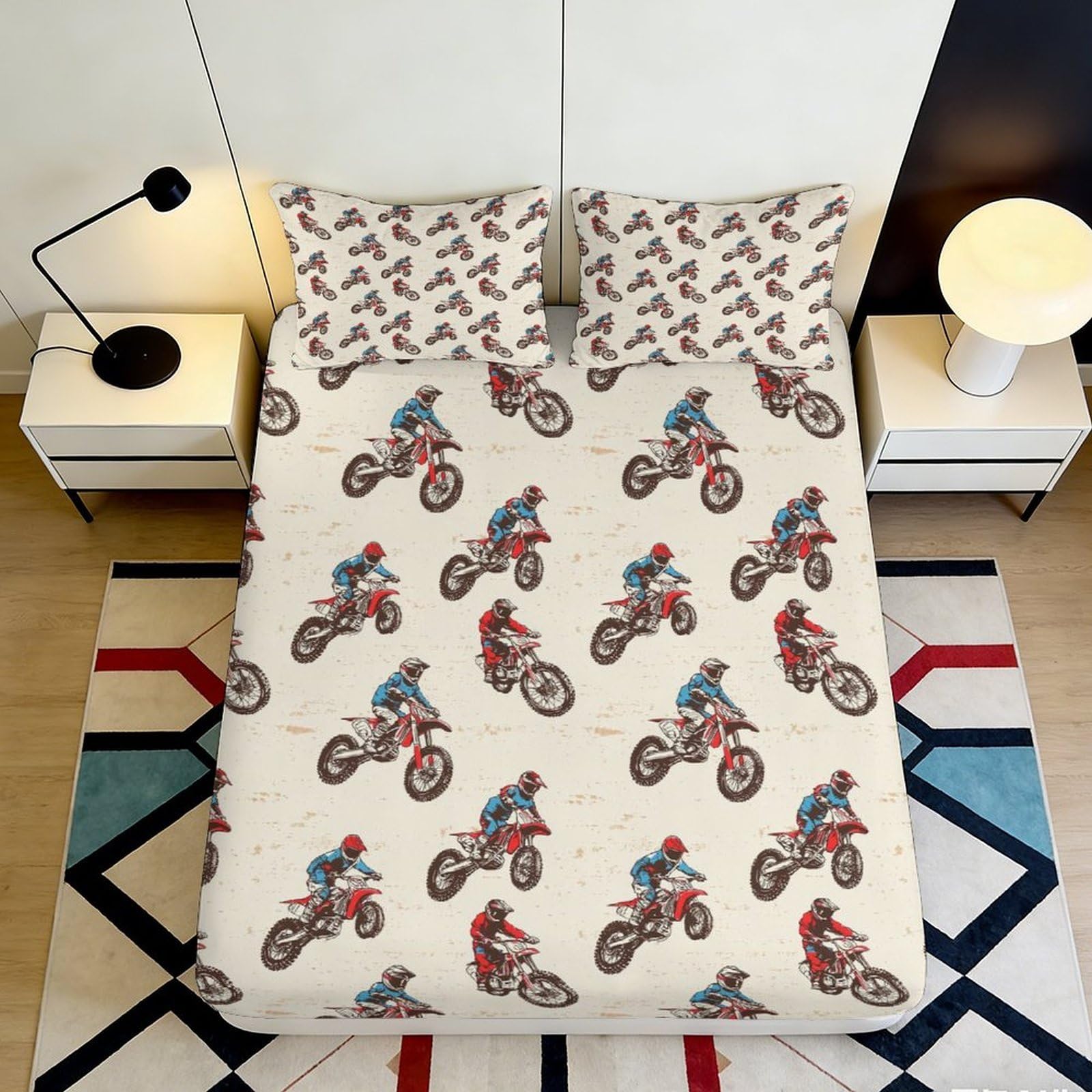 3D Printed Motocross Fitted Sheet Microfiber Durable Breathable Dirt Bike Mattress Cover for Bedroom Dormitory Guest Room Mattress Protection 120x200x25cm