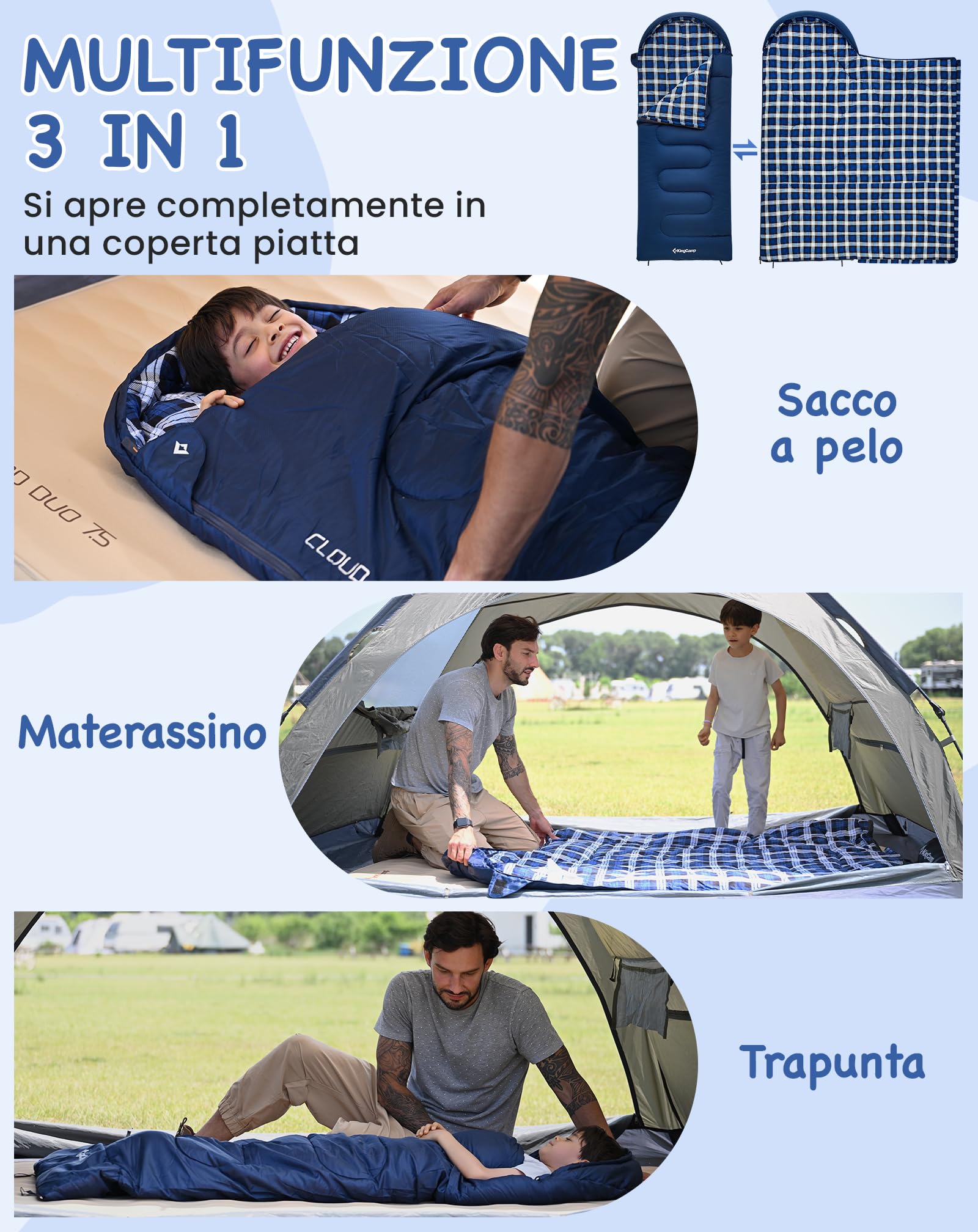 Kingcamp Sacco a Pelo Bambini Inverno,Flanella di Cotone,170 X 70 CM(Massima Adatta a 145 Cm),7℃ a -13℃,4 Stagioni,Coperta Invernale Compatta per Campeggio, Viaggi, Tende, Esterno e Interno