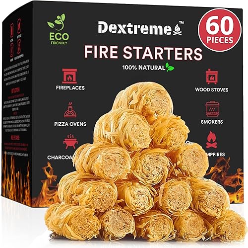 Arrancador de fuego (60 piezas) para fogata, arrancador de carbón, chimenea, estufa de leña, barbacoa, chimenea, hoguera y parrilla, para todo tipo