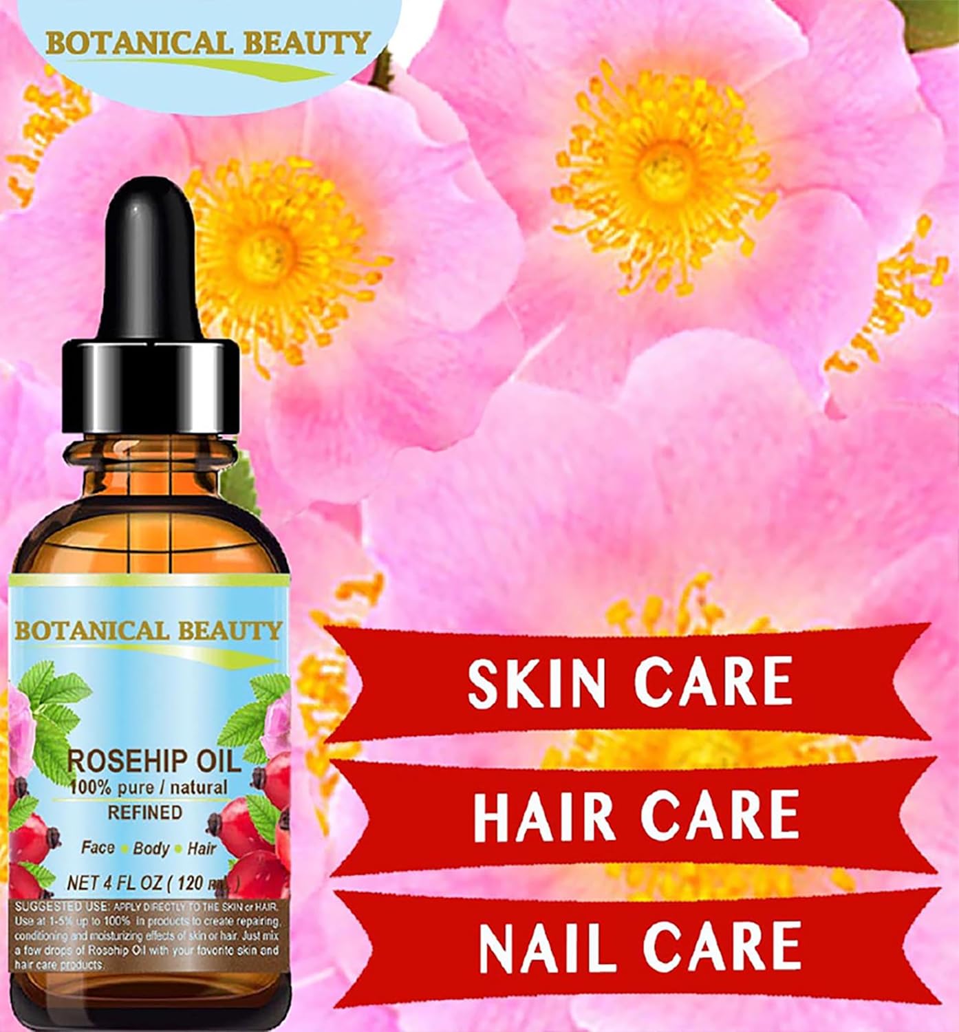 Botanical Beauty ROSEHIP SEED OIL 100% Pure Natural Refined Cold-Pressed Carrier Oil 1 Fl Oz 30 ml For Face, Skin, Body, Hair, Lip, Nails, Rich in vitamin C, Vitamin E, Anti-Aging - Image 3