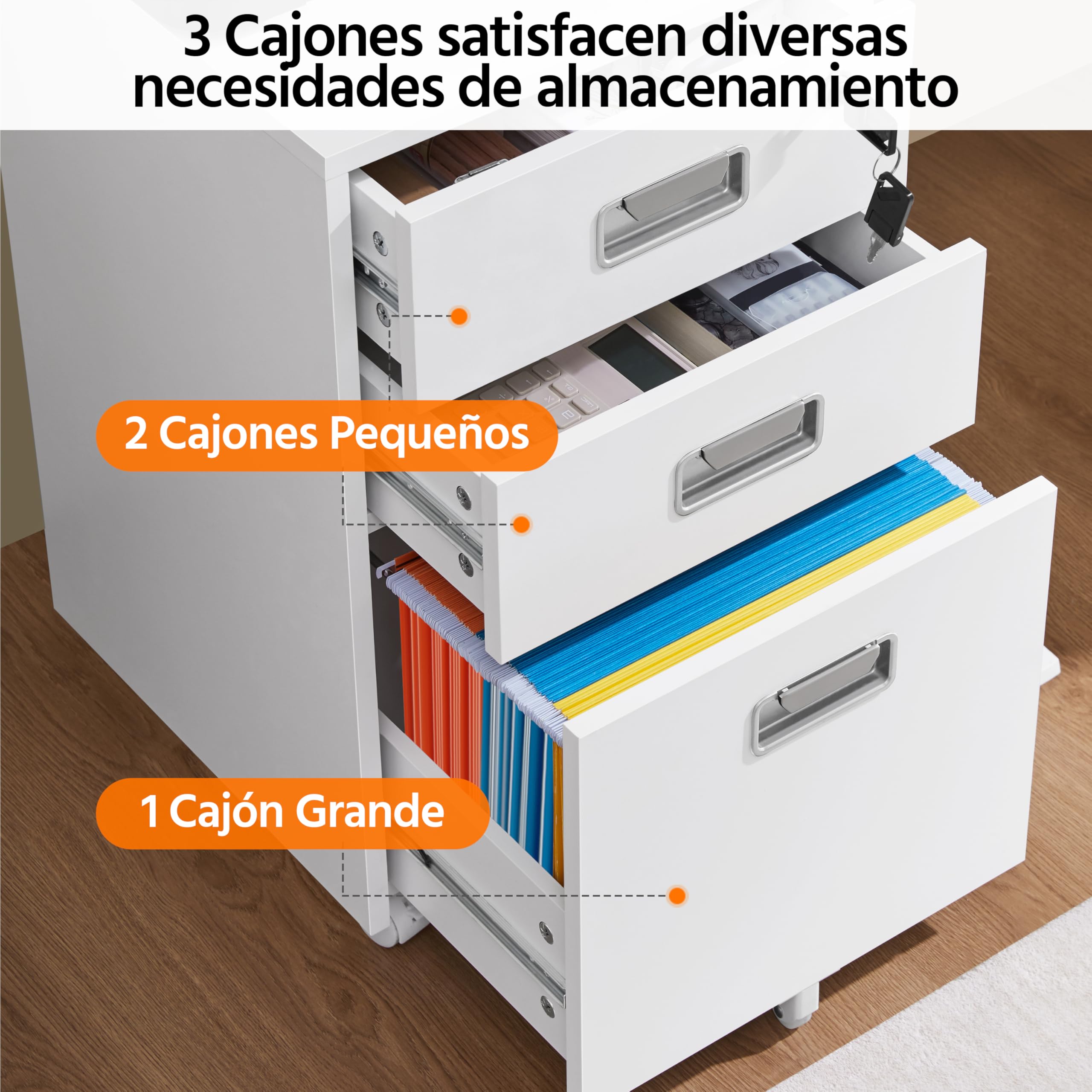 Yaheetech Cajonera de Oficina con Ruedas Gabinete de Oficina con 3 Cajones y Cerradura 40x40x66,5cm Armario Archivador Carpeta de Gran Capacidad para Carta y Archivos A4 Blanco