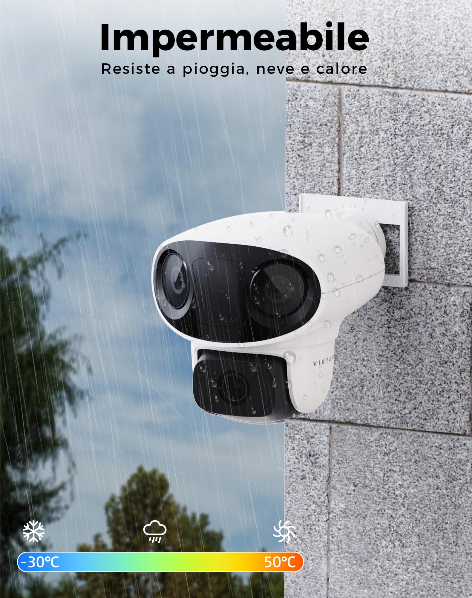 virtavo TL1 Telecamera Wi-Fi Esterno, Tripla Lente con Panorama 160° + PTZ 360°, Visione Notturna a Colori Starlight, Rilevamento AI Avanzato, Audio Bidirezionale, IP66, Senza Abbonamento Obbligatorio