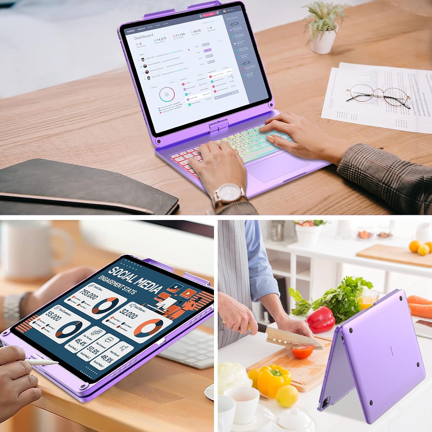 Touch iPad Pro 12.9 Case with Keyboard 6th/5th Generation, Magic 360° Rotatable & Swivel Bluetooth Keyboard with Trackpad, 7 Backlight Color with Pencil Holder for iPad Pro 12.9” 4th/3rd Gen, Purple