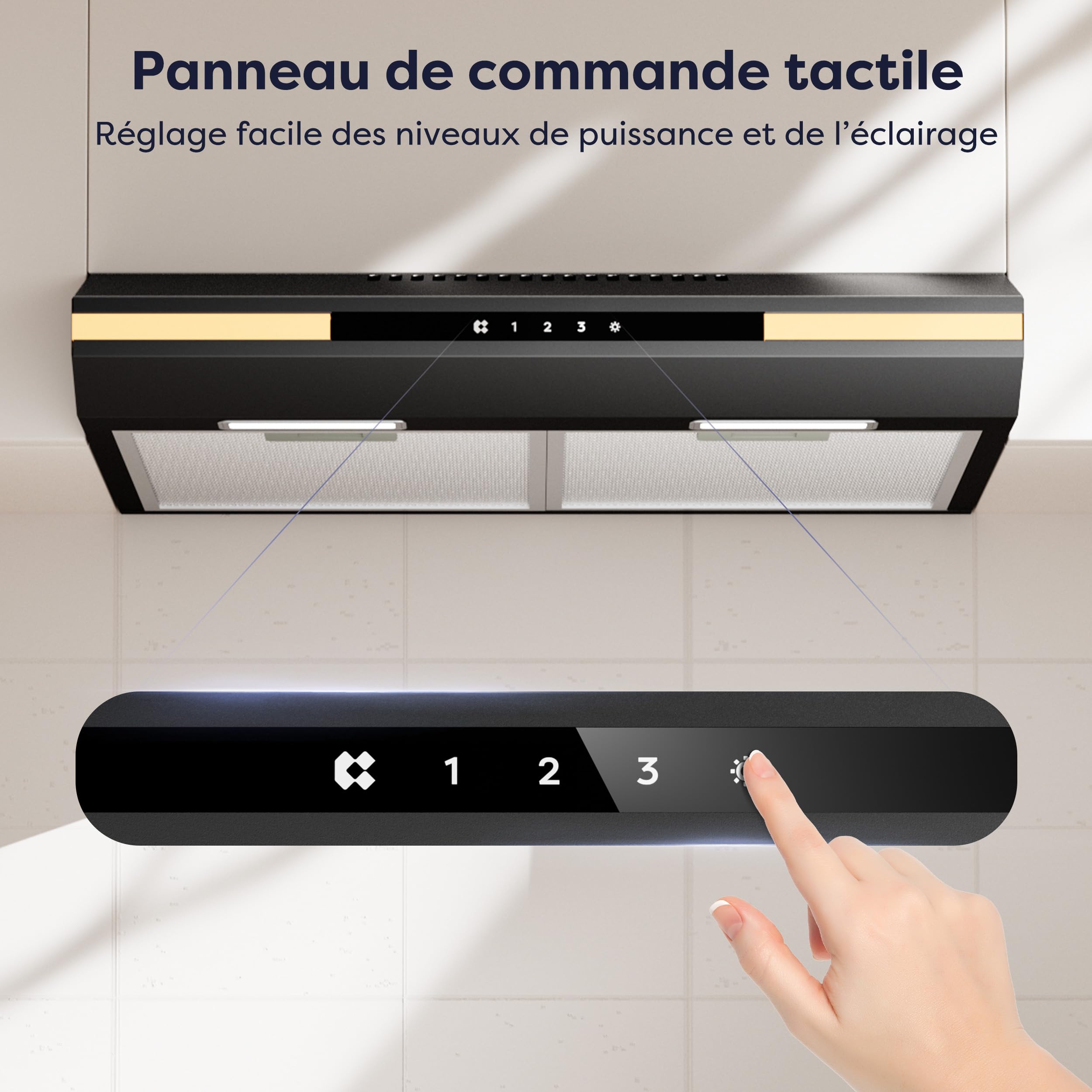 CIARRA CBCB6921 Hotte Aspirante Sous Meuble 60cm, Classe A+, Commande Tactile, 3 Vitesses, Évacuation/Recyclage, avec Filtre à Charbon CBCF011, Noir