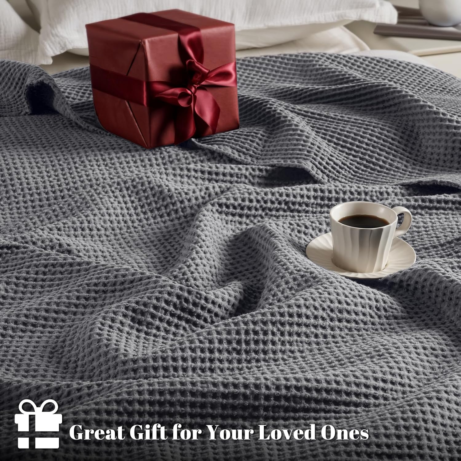 PHF 100% Cotton Waffle Weave Blanket King Size for Bed,Snag Proof Lightweight Breathable Moisture-Wicking Throw for Couch,Great for Layering in Cold Weather,Machine Washable,Home Decor Gift-Charcoal - Image 5