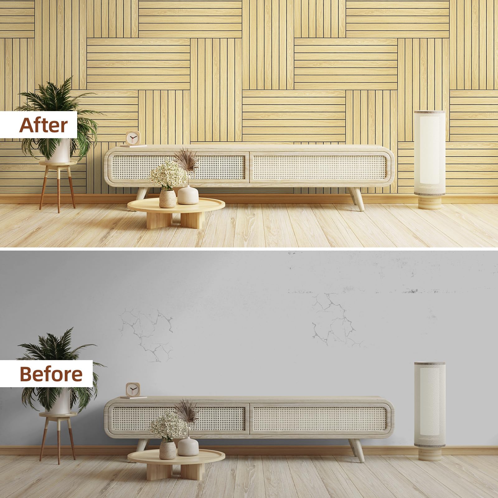 WADILE Panneaux Muraux à Lattes Bois Autocollants 30×60 cm – Panneaux Muraux Décoratifs en PVC Insonorisants pour Salon et Chambre – Lot de 20
