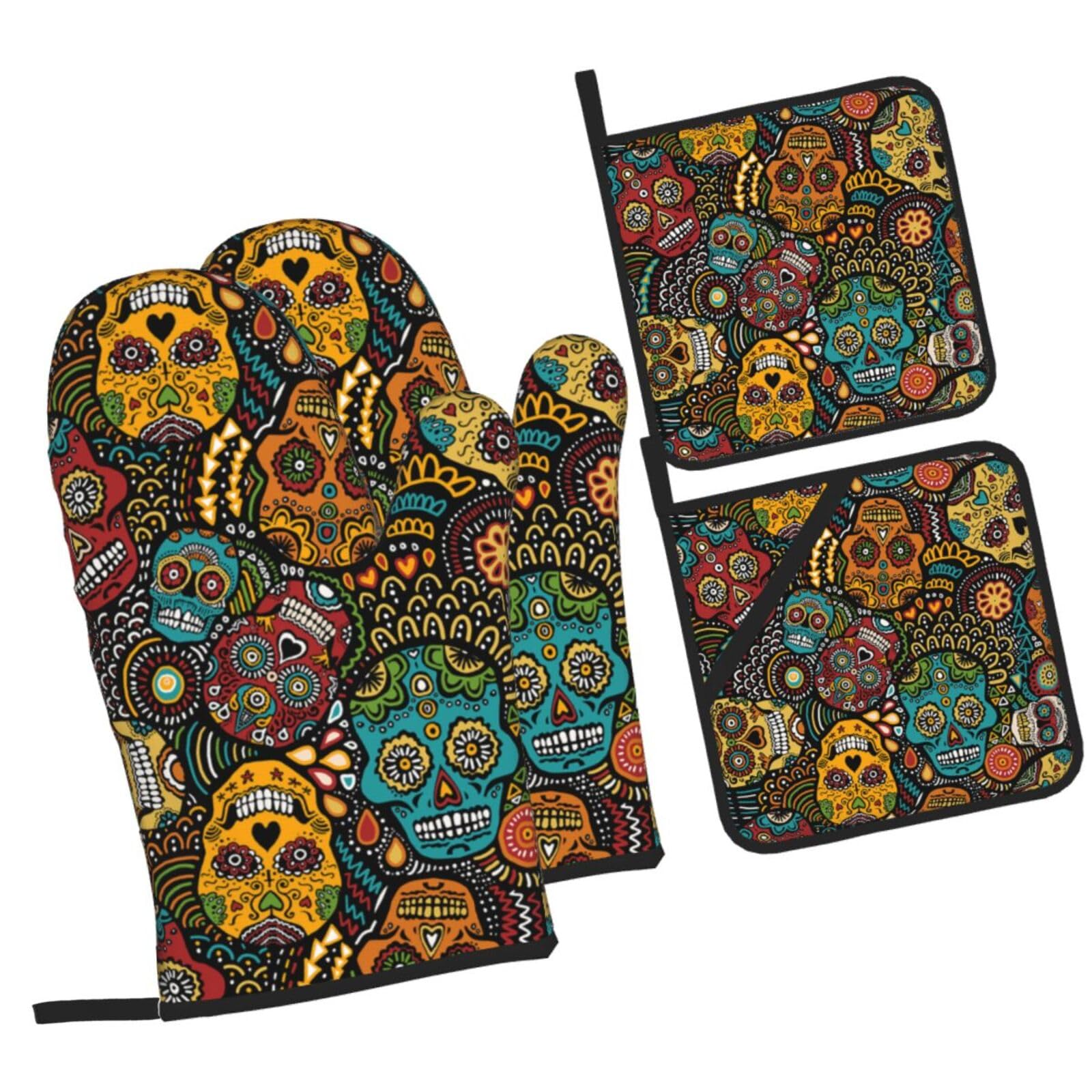 Sugar Skull Print Printed Oven Mitts and Pot Holders Heat Resistant Set of 4 Pcs, Modern Kitchen Gloves & Potholders for Cooking Baking Grilling