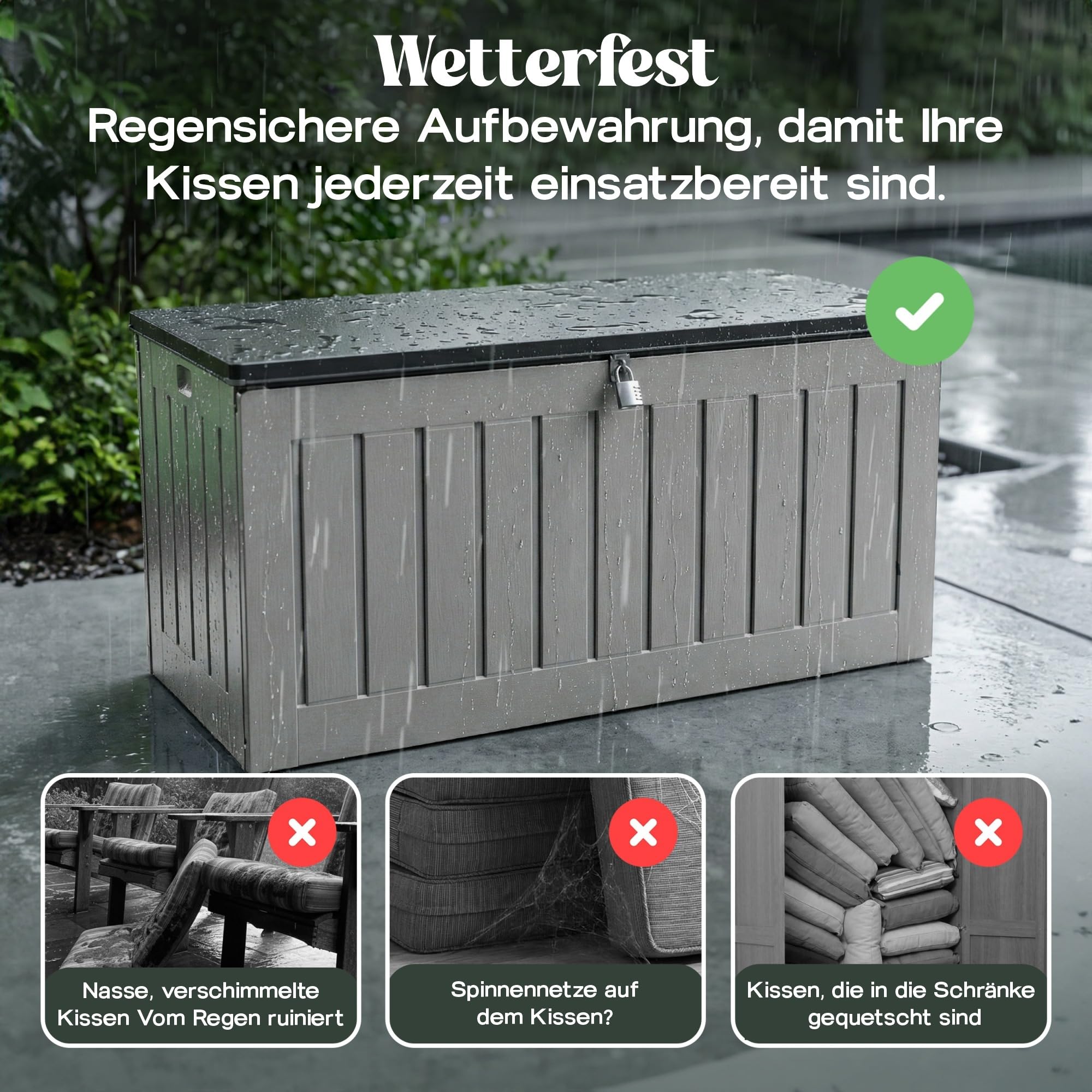 Olsen & Smith Abschließbare XXL 830L Aufbewahrungsbox mit Deckel Groß – Wetterfeste Gartenbox & Sitzbank mit Gasdruckfeder – Wasserdicht Auflagenbox & Kissenbox – Gartentruhe Anthrazit Holzoptik