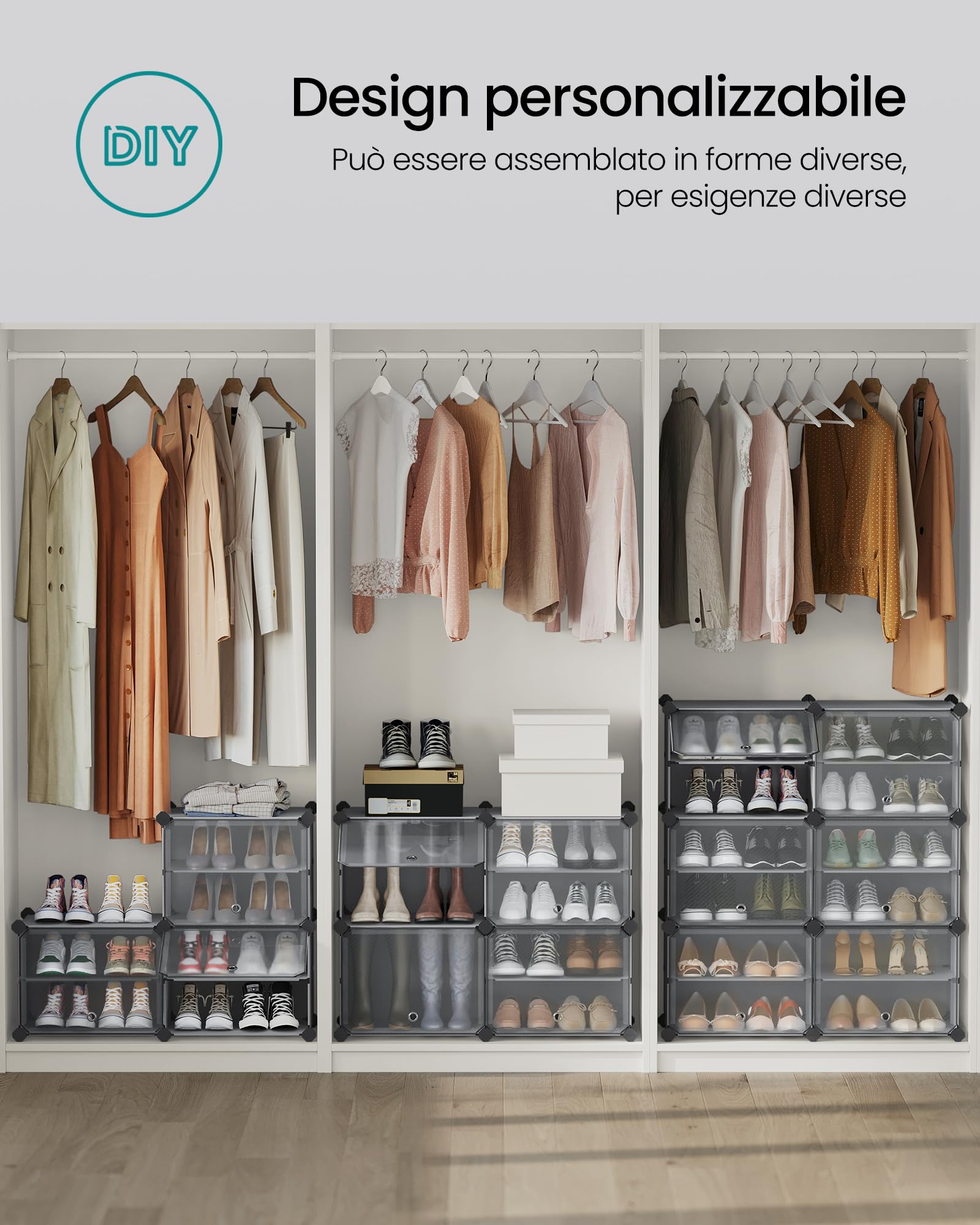 SONGMICS Scarpiera, Scaffale Modulare a 10 Scomparti per 40 Paia di Scarpe da Ingresso, con Sportelli, Telaio in Acciaio e Ripiani in Plastica, Camera da Letto, Grigio Ardesia e Trasparente LPC035G01 | 30 x 40 x 30 cm per scomparto, acciaio, plastica PP,