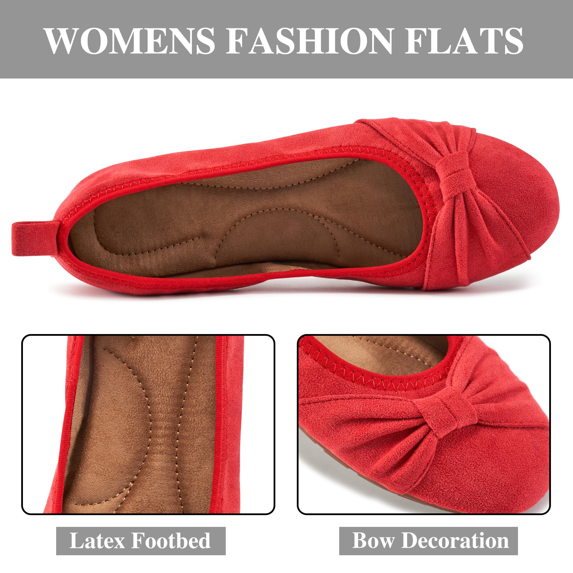 Ecetana Women's Ballet Flats Shoes Dressy Round Toe Bowknot Slip Ons Comfortable Suede Foldable Loafers for Casual Work Business: 7.5 Red