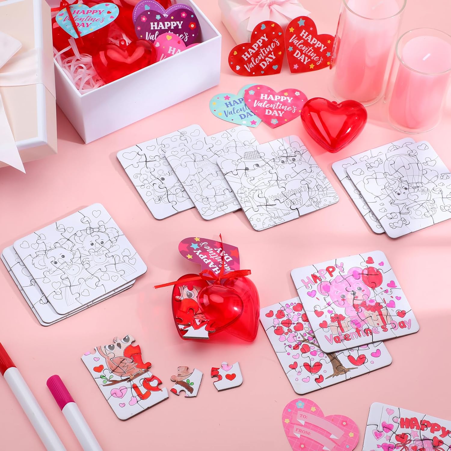 Realspring 24 Set Valentine Puzzles Gifts for Kids Include 24 DIY Color Your Own Valentine‘S Day Jigsaw Puzzles 24 Red Heart Eggs Card for Classroom Reward Exchange Gift Jigsaw Toys Birthday