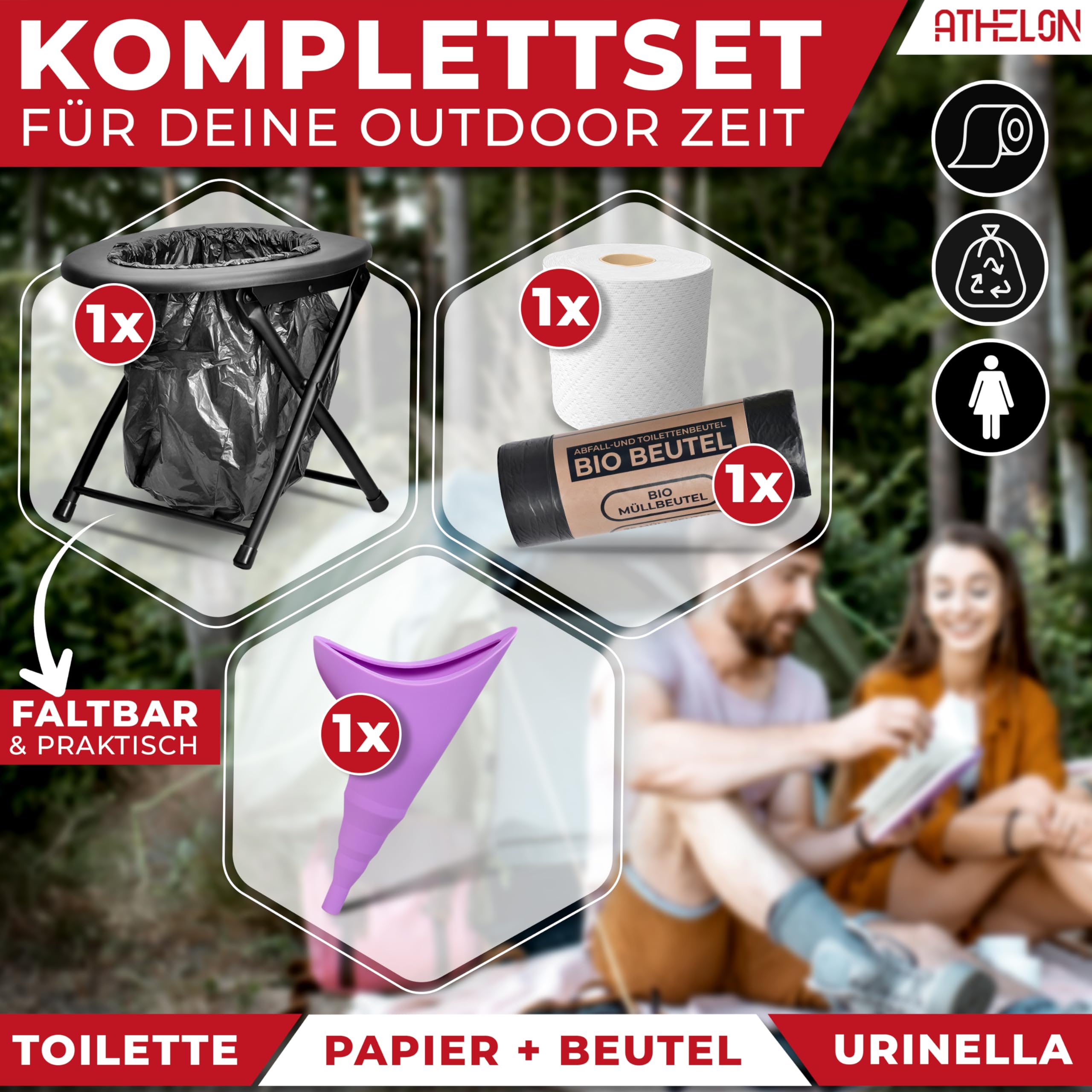 ATHELON® Toilettes de camping avec papier toilette et sacs poubelle - Toilettes de camping améliorées [2023]