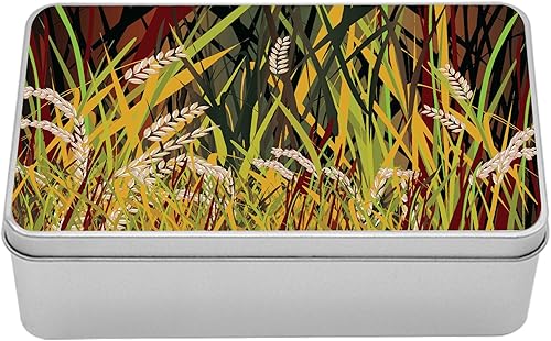 Ambesonne Nature Metal Box, Reeds Dried Leaves Wheat River Wild Plant Forest Farm Country Life Art Print Image, Multi-Purpose Rectangular Tin Box