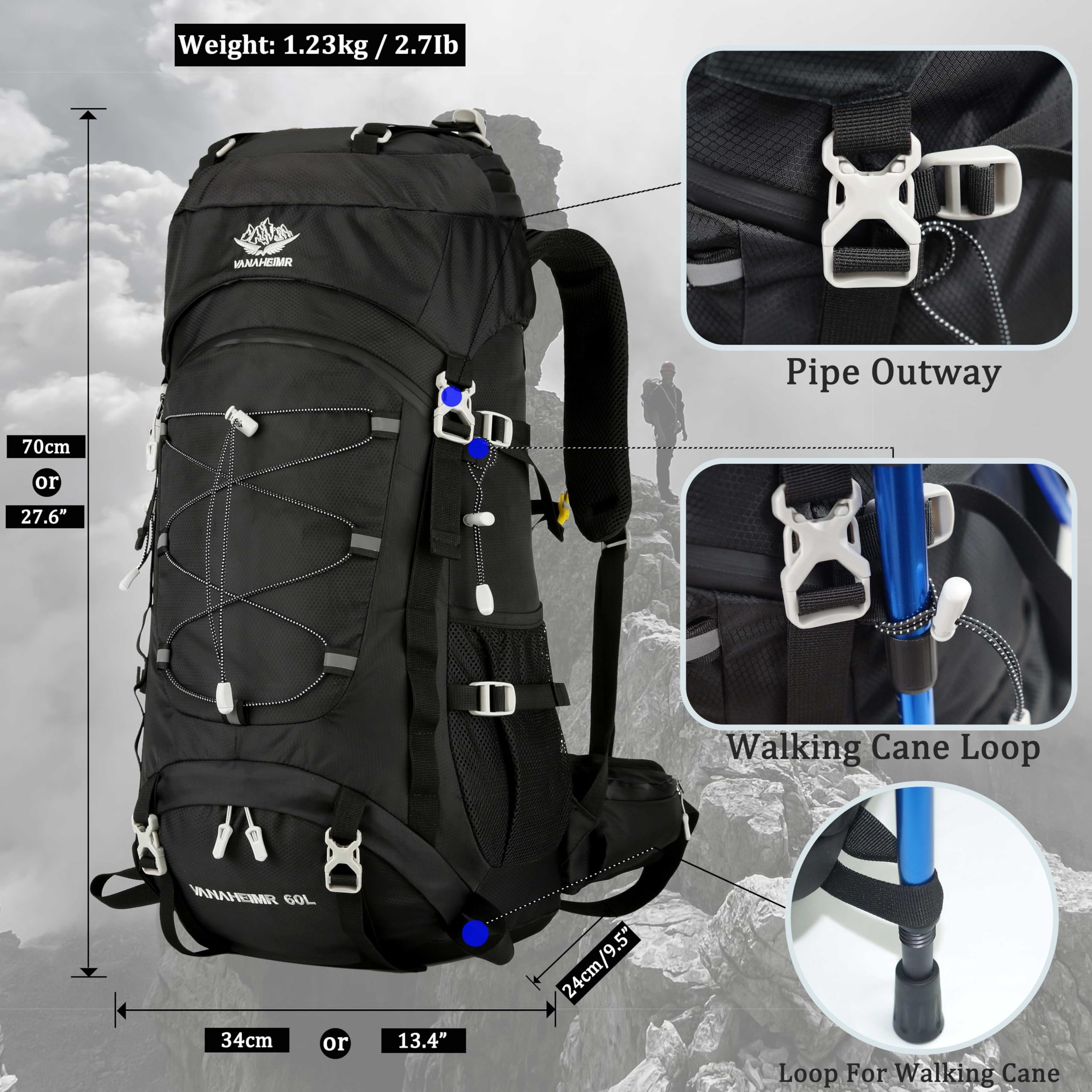 Mochila de viaje de 60 L para senderismo, camping con cubierta para lluvia, mochila resistente al agua, mochila de escalada para hombres y mujeres