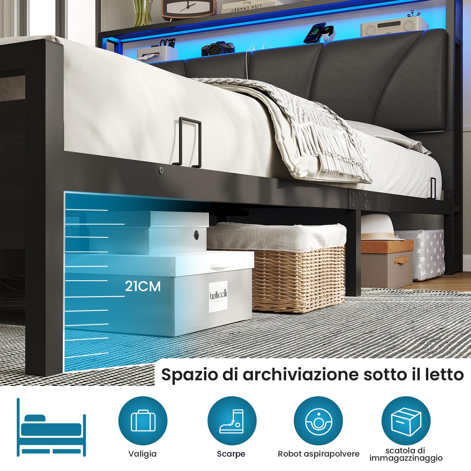 Letto Matrimoniale MOTUZP 160x200 Cm Con LED E USB – Struttura Imbottita In Pelle PU Con Contenitore Sottoletto E Testiera – Nero - 4