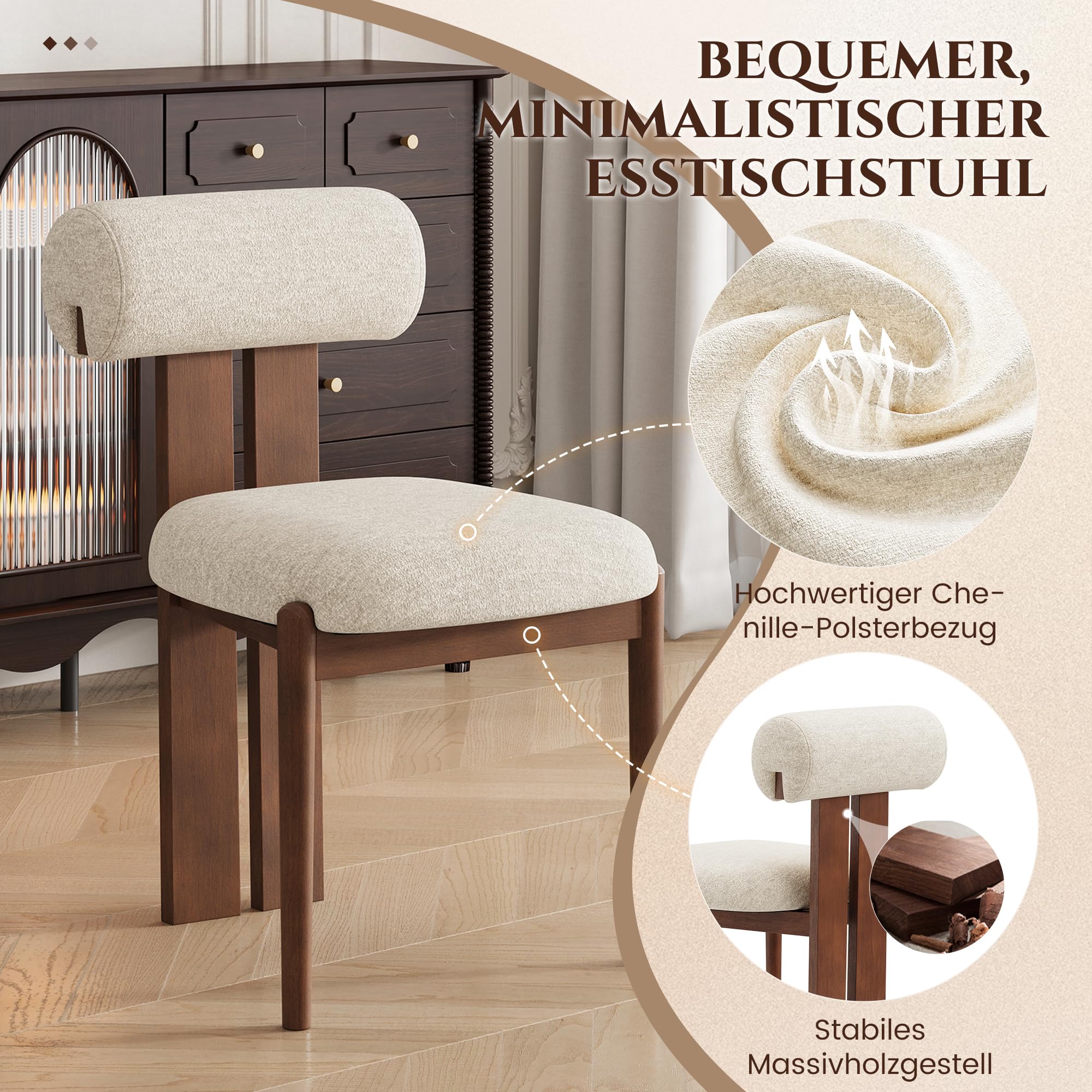 MALOL Esszimmerstühle 6er Set, Mid-Century Modern Polsterstühle aus Stoff mit Stabiler Rückenlehne & dunkelbraunen Holzbeinen, Beige – Geeignet für Esszimmer, Küche und Gastronomie, Beige