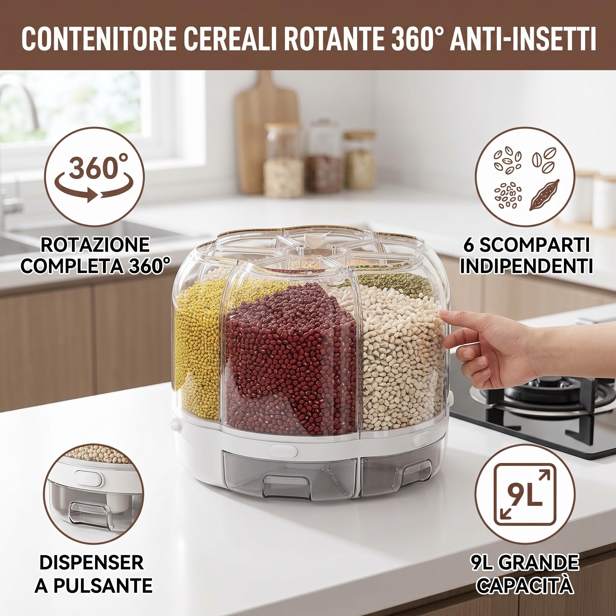 Récipient de stockage de céréales rotatif de 19,84 lb, grand distributeur de céréales à 6 grilles, distributeur de nourriture sèche rotatif à 360 °, stockage hermétique po (Blanc 18 livres