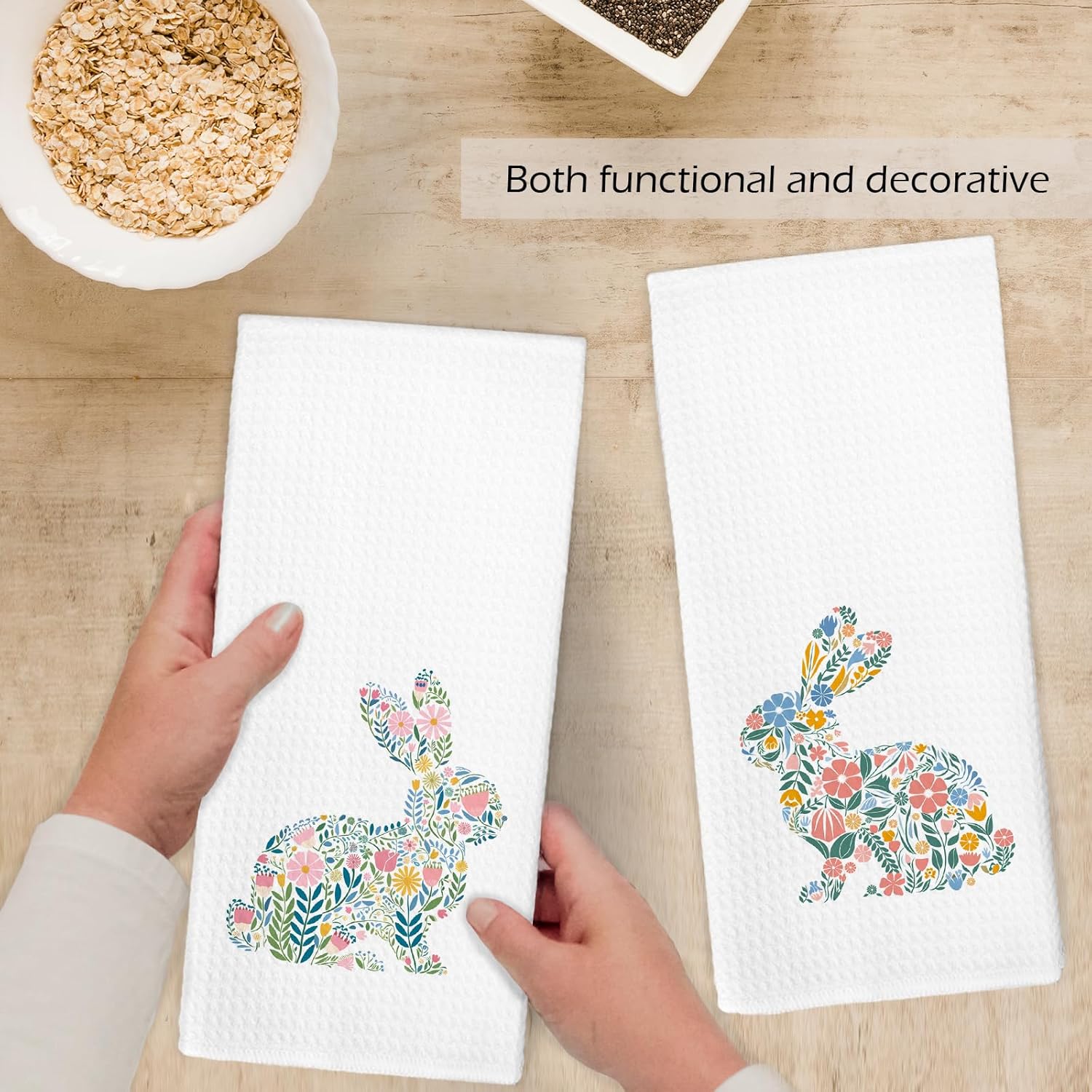Bunny Kitchen Towels Set of 2, Rabbits Floral Dish Hand Tea Towels, Flower Rabbits Decorative Towels for Bathroom Kitchen, Farmhouse Bunny Decor, Easter Kitchen Bathroom Decor, 16x24 Inch - Image 4