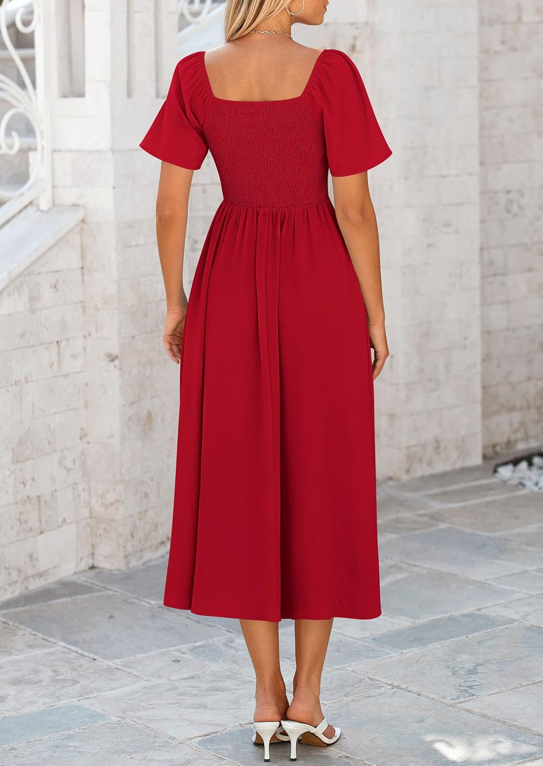 PRETTYGARDEN Summer Dress for Women 2026 Casual Short Sleeve Bow Tie V Neck Ruffle Midi Flowy Dresses - Image 2