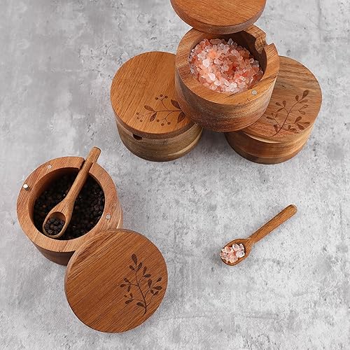 Miniatura 8 de DGYLL Sal, bodega de sal de madera de acacia con tapa y cuchara, caja de sal con tapa giratoria, recipiente de sal con tapa, 6 onzas