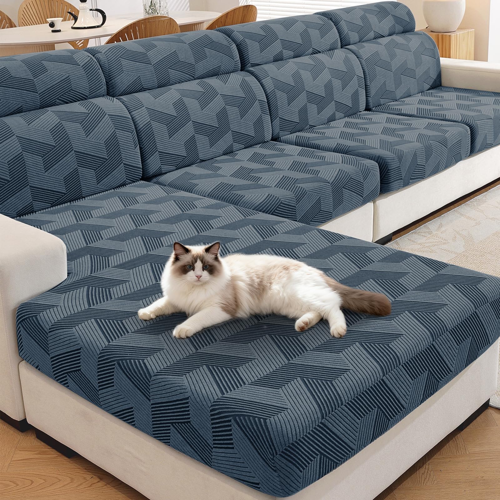 XINEAGE Sofa Seat Cushion Cover, Geometrical Jacquard Couch Cushion Slipcovers Stretch, Replacement for Individual Cushion with Elastic Bottom & Non-Slip Strap (1 Seater, Dark Grey)