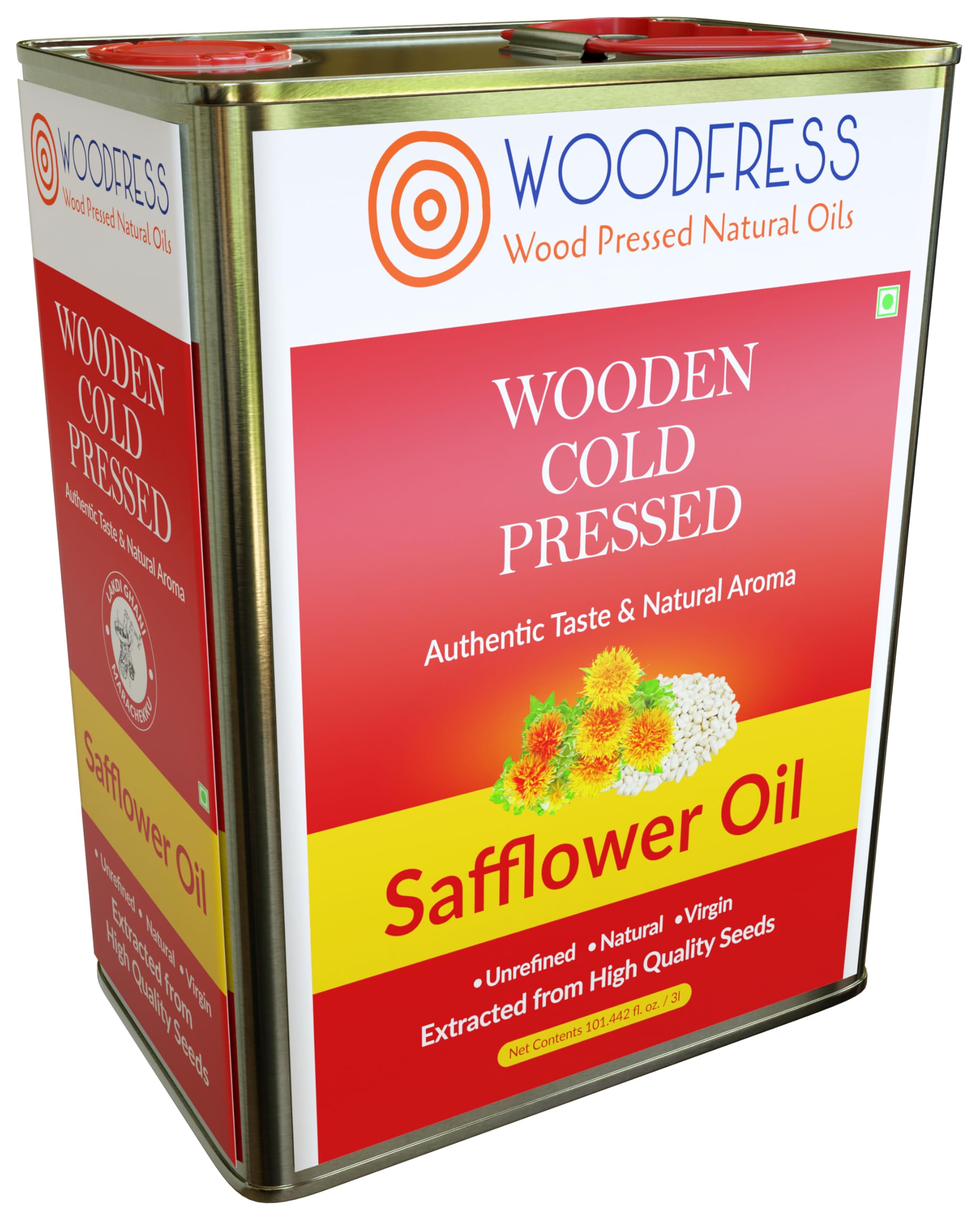WOODFRESS Cold Pressed Safflower Oil 3 Litre, Freshly Hulled, 15kg Seeds for 3L Pure Woodpress Oil, Wood Pressed Kardai/Kardi Tel (Lakdi Ghani/Marachekku) for Healthy Cooking, Metal Tin 3L