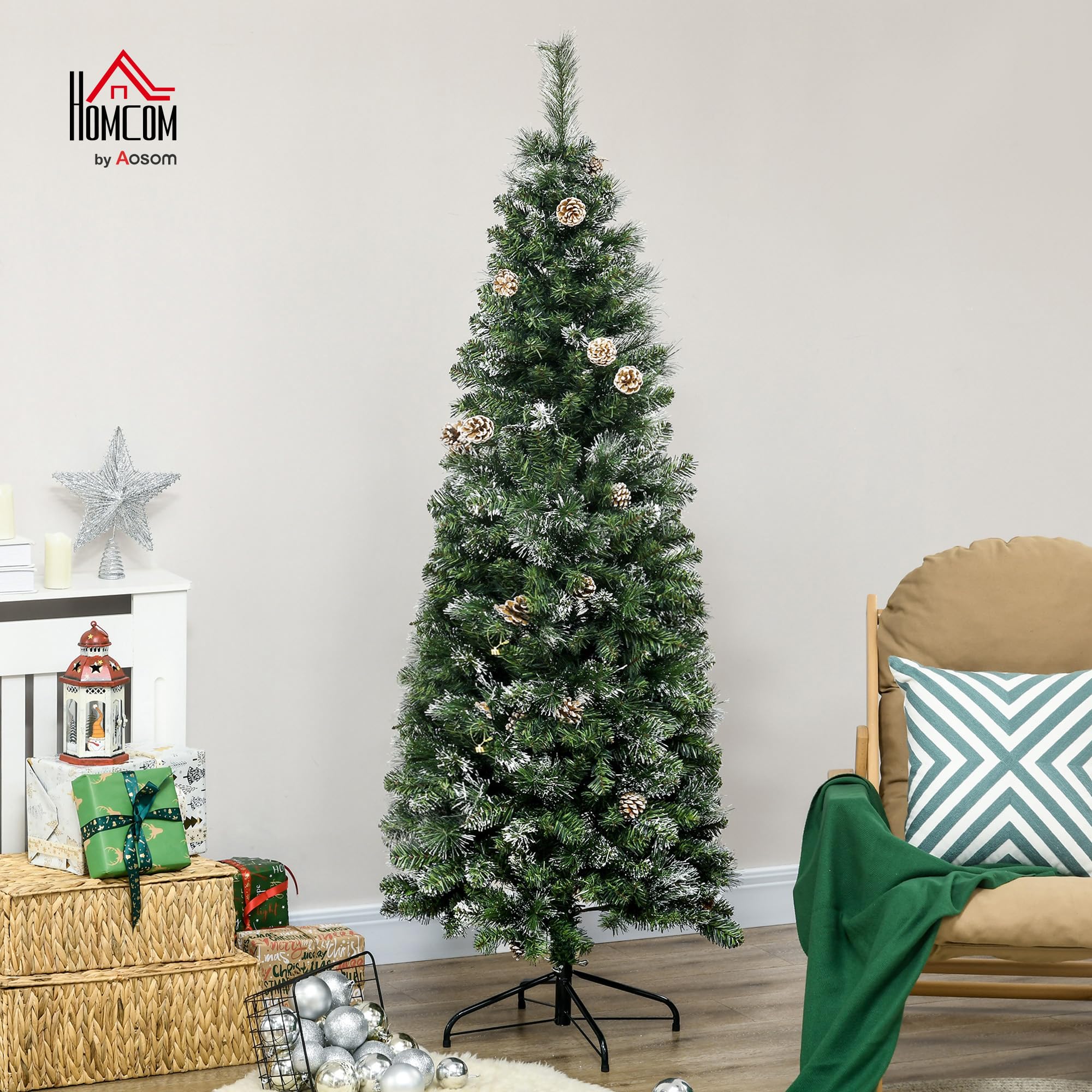 HOMCOM Albero di Natale 180cm con Pigne e 618 Rami Ignifughi Artificiale