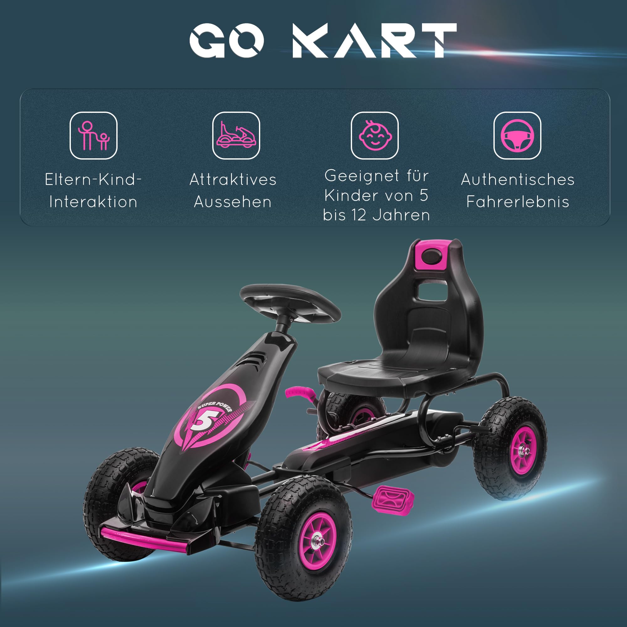 HOMCOM Gokart z 3-stopniową regulacją siedziska, dla 5-12 lat, do 50 kg, różowy | Pojazd dziecięcy, pojazd na pedały z gumowymi oponami, , hamulec ręczny, kettcar, outdoor