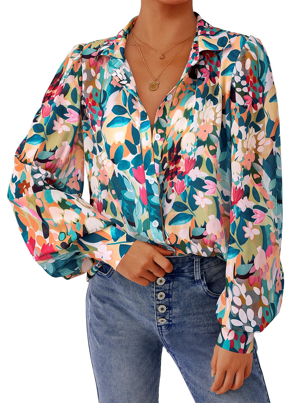 PRETTYGARDEN Women's Floral Blouses Dressy Casual V Neck Button Down Shirts Lantern Long Sleeve Boho Chiffon Spring Tops 2025