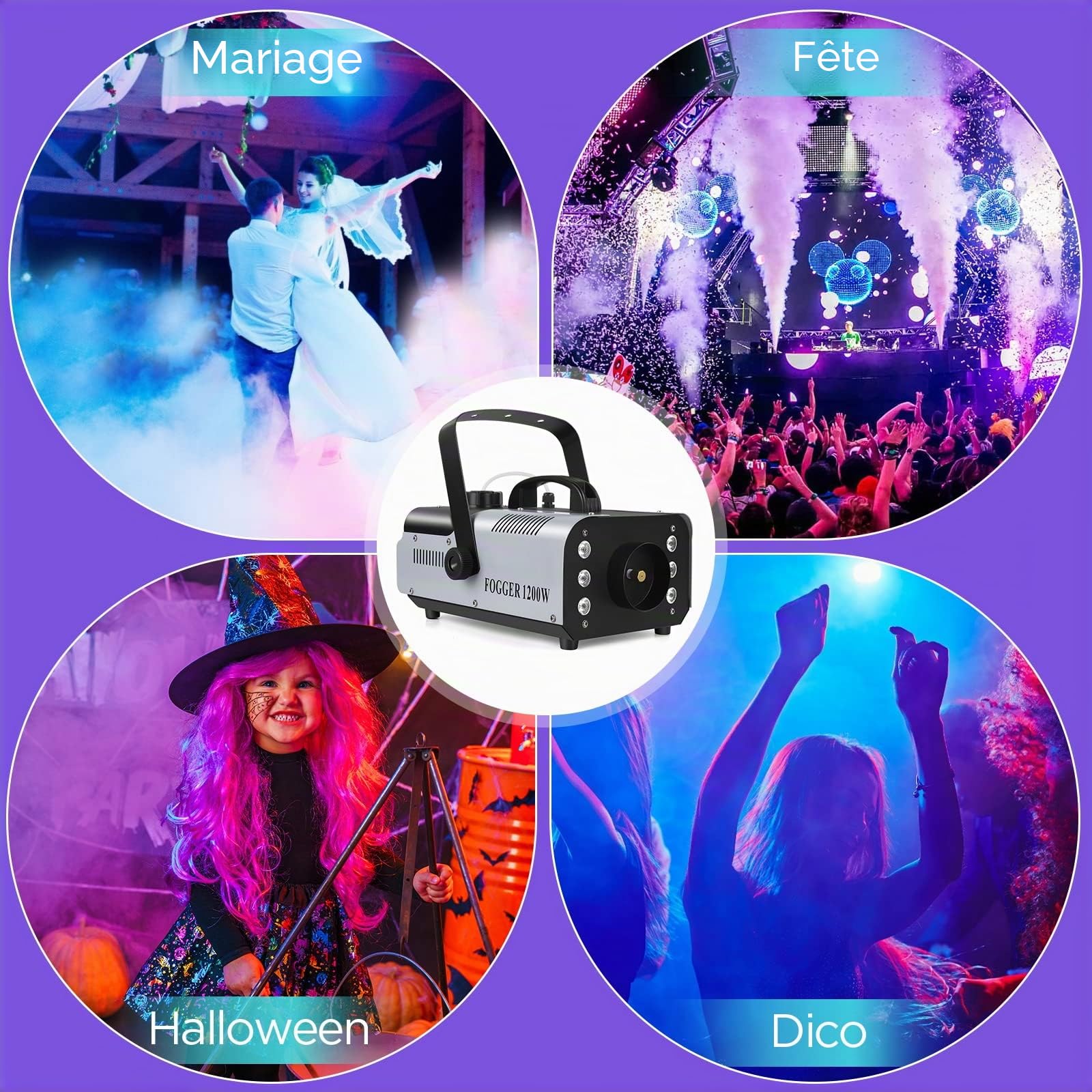 Machine a Fumee Soiree, 1200W 6 RGB 3 en 1 Machine à Brouillard avec Télécommande sans fil Portable pour Halloween, Noël, la Maison, la Fête, le Mariage, le Spectacle DJ, Effets de Scène