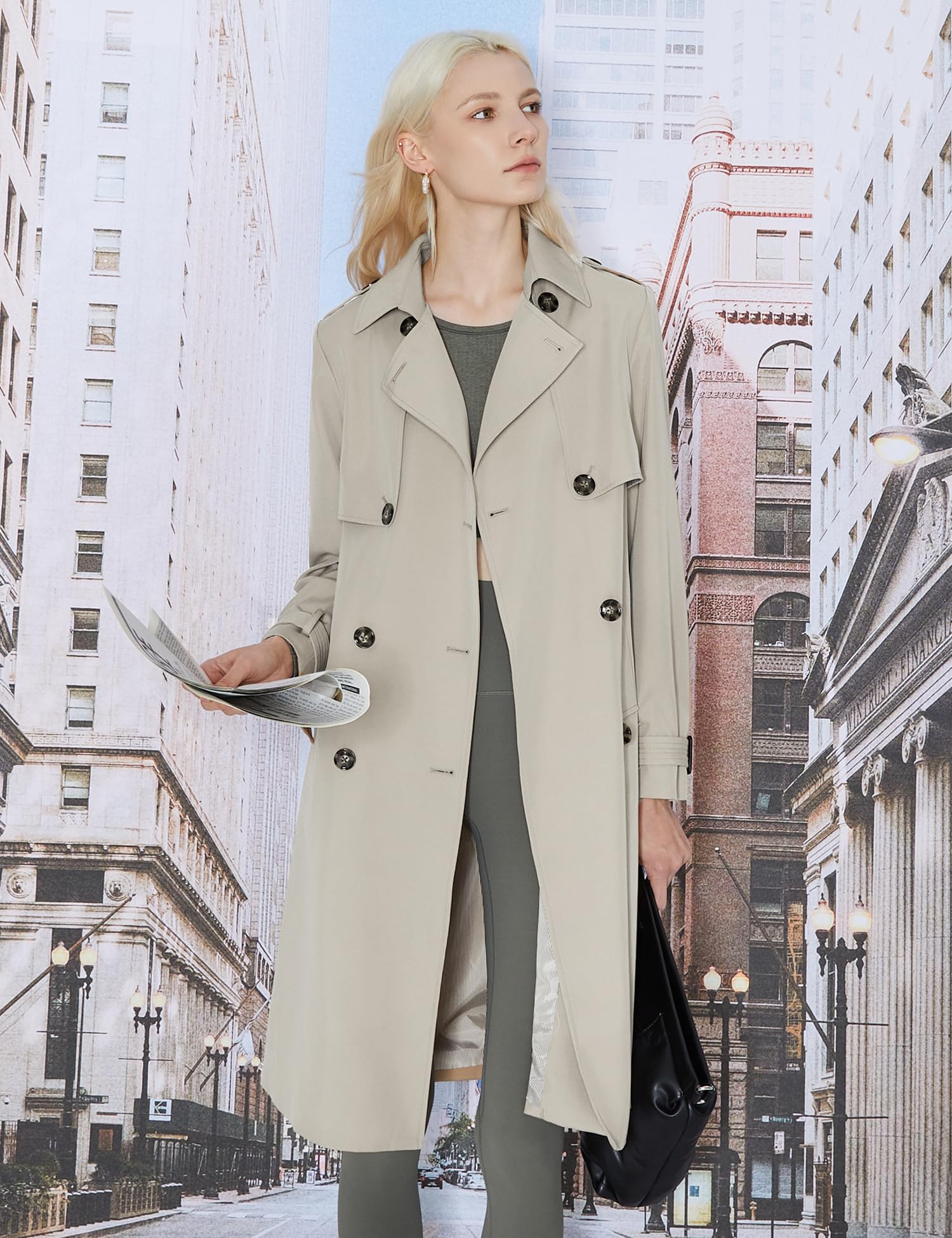 OROLAY Trench Lungo da Donna Cappotto Classico Doppiopetto con Risvolto con Cintura