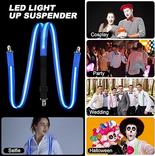 Miniatura 7 de Corbatas iluminadas, corbatines y tirantes LED, suministros de fiesta que brillan en la oscuridad, ajustables para mujeres y hombres