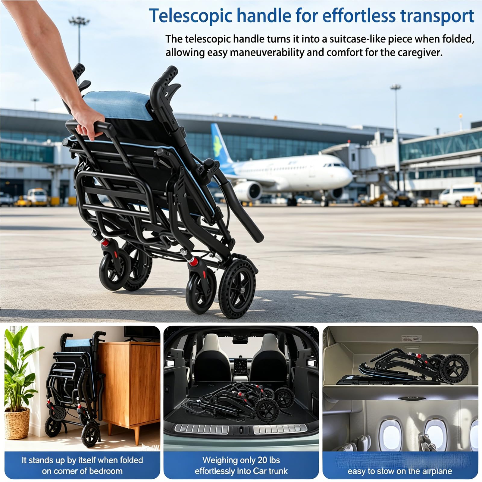Fauteuil Roulant pliable léger, avec manche télescopique, Hauteur réglable,Poids 11kg, pliable, Holds 100kg, Largeur Max 55cm étroit pour les personnes âgées, Voyage