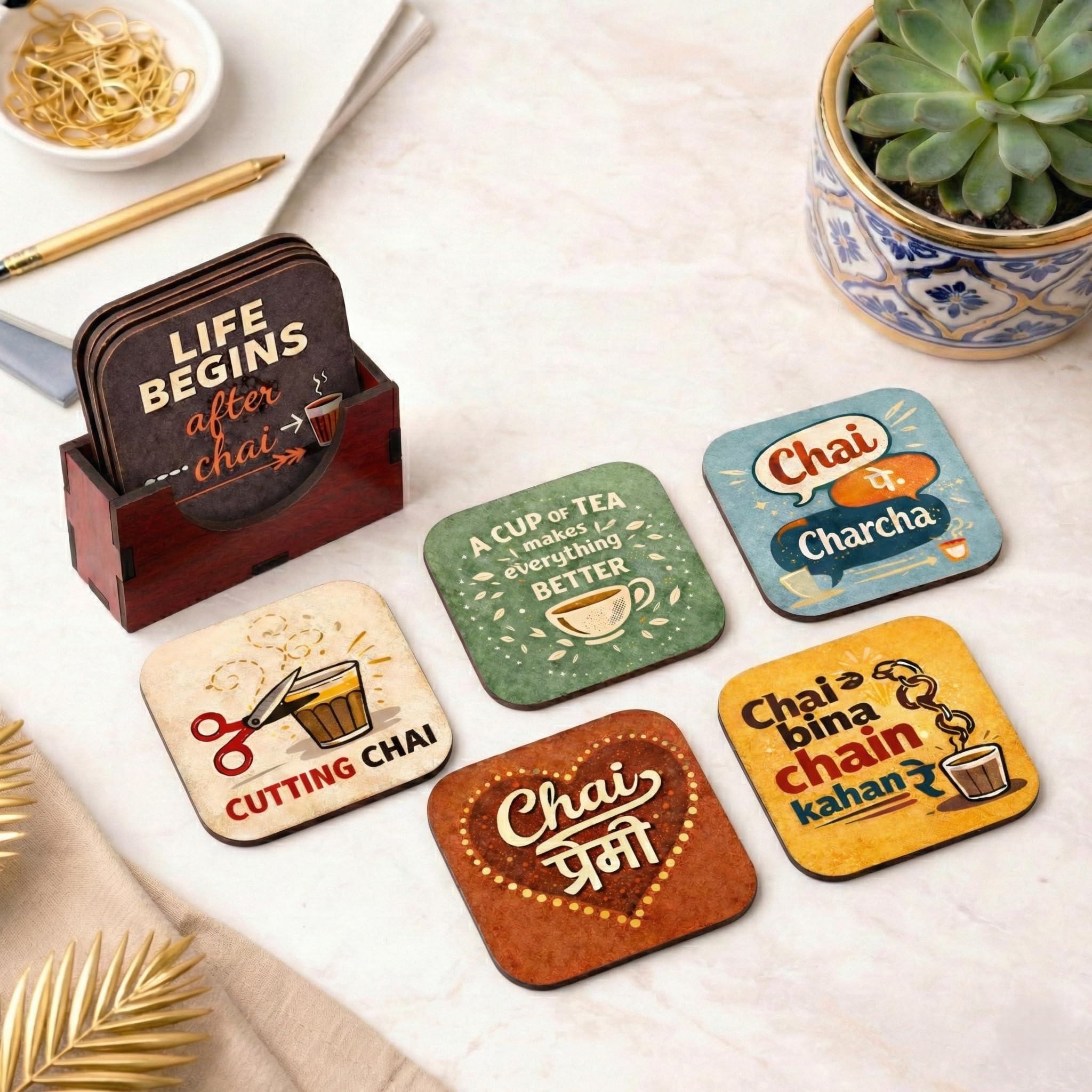 Wooden Tea Coasters - Set of 6 | Natural Wood -10