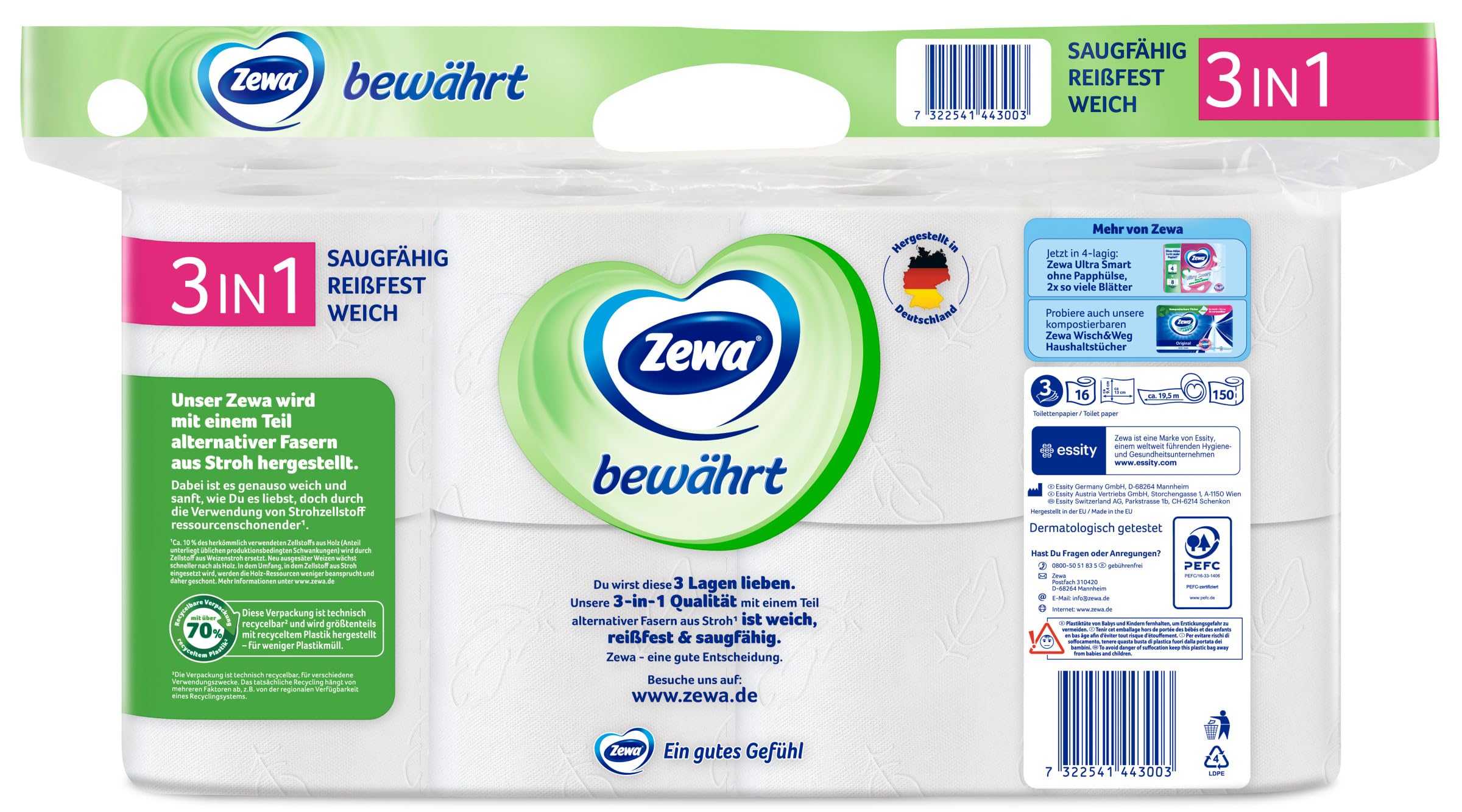 Zewa bewährt - 48 Rollen - Das erste Toilettenpapier mit Strohanteil - 3lagig