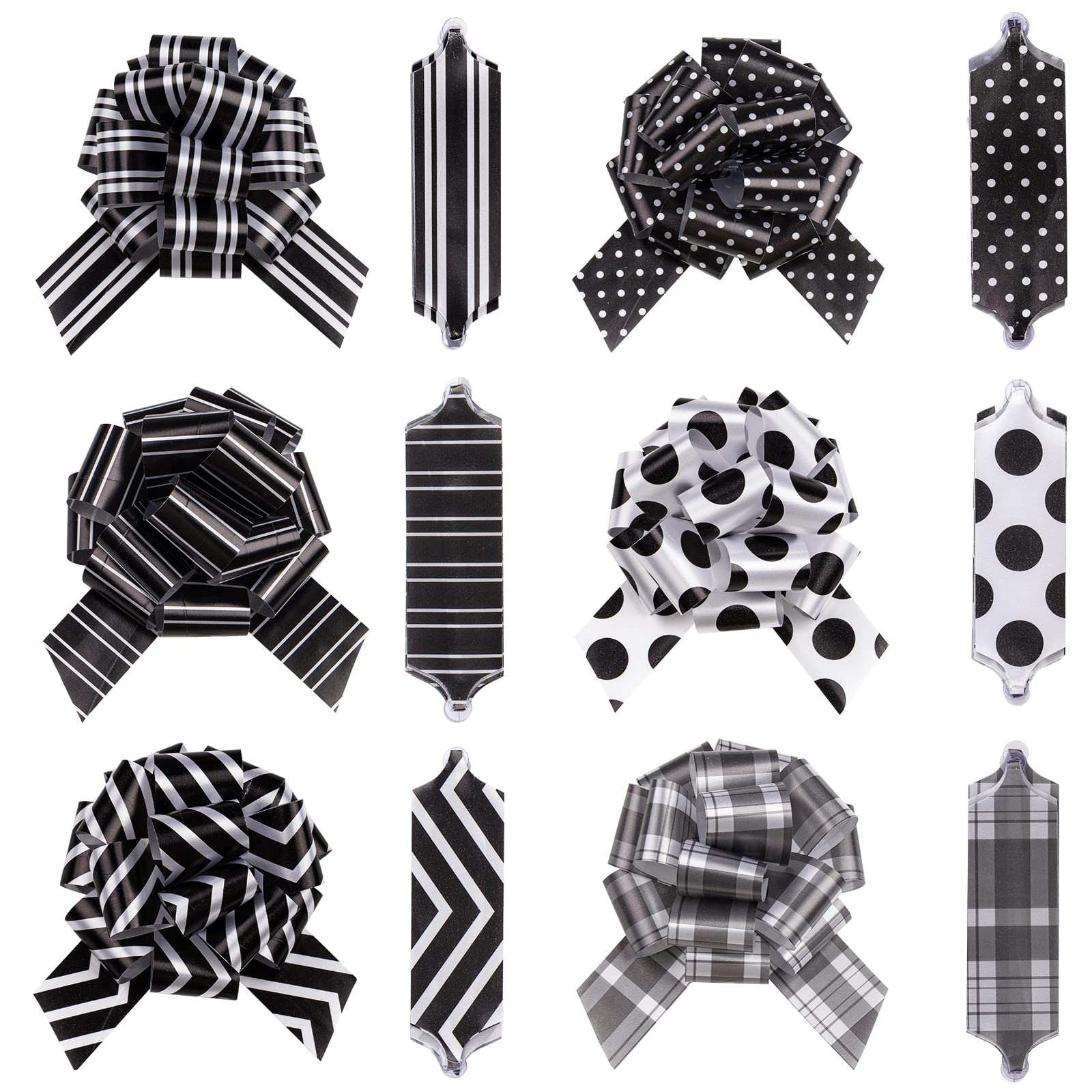 LeZakaa 12PCS Pull Bows Assortment with Ribbon - Black and White Gift Bows with Dot, Stripe, Plaid Design - Perfect for Gift Wrapping, Florist,
