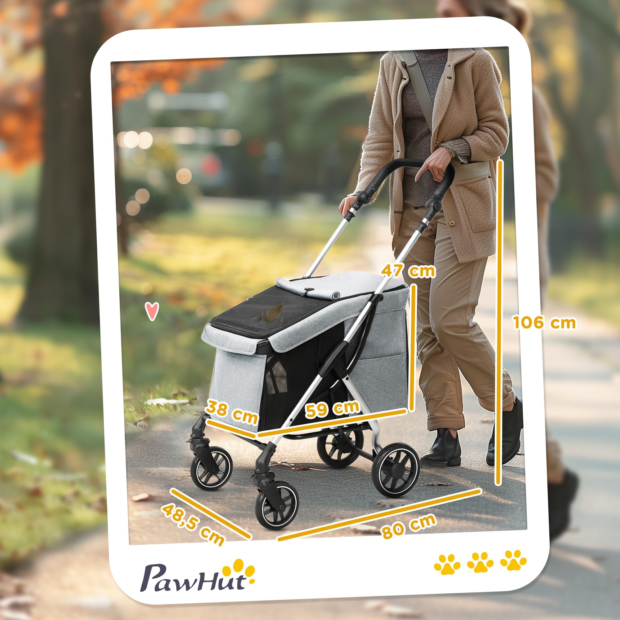 PawHut Carrito para Perros Plegable, Cochecito para Perros Pequeños y Seniors, Hasta 10 kg, Ruedas con Frenos 360º, Marco de Aluminio, Correa de Seguridad, Cojín Lavable y Ventanas, Gris