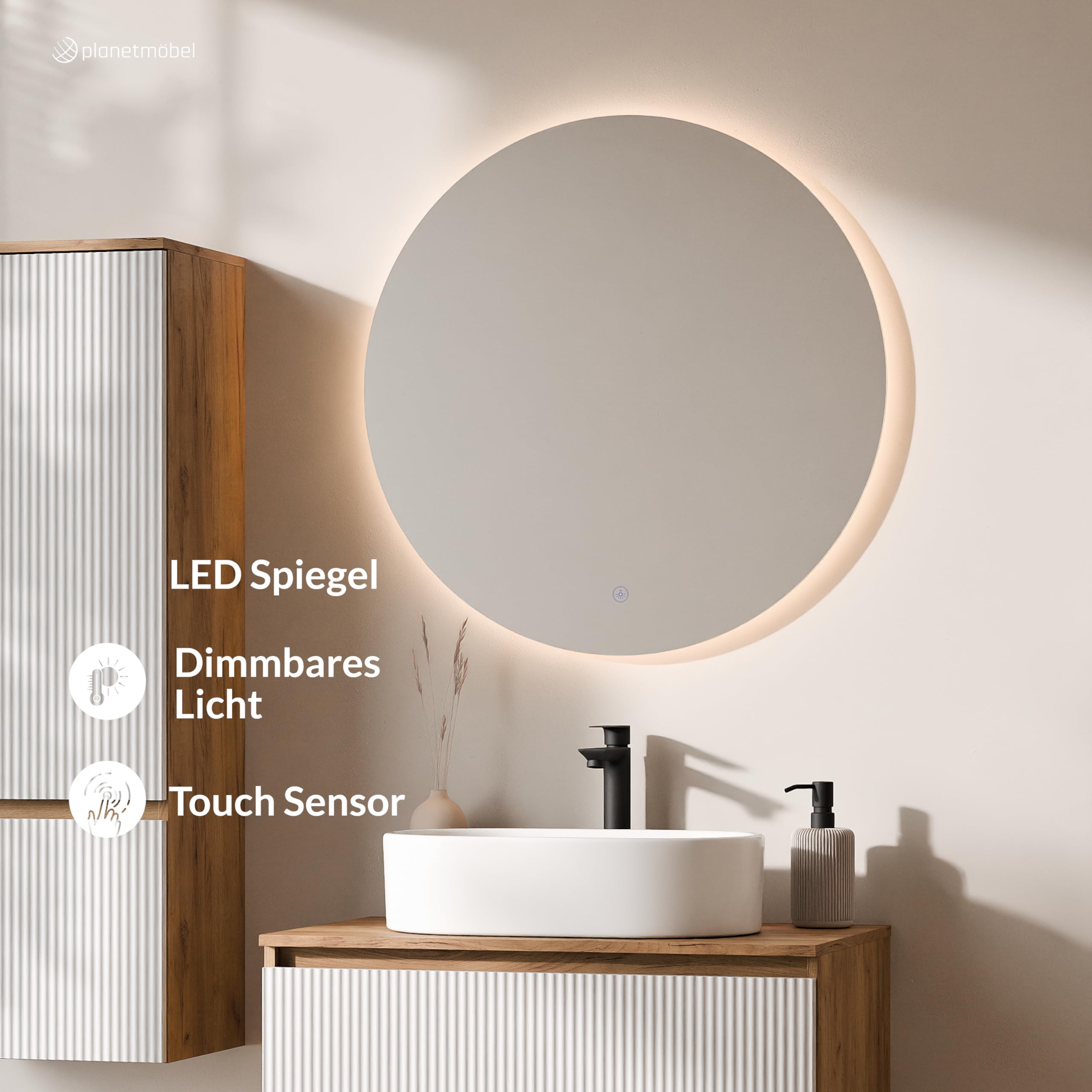 Planetmöbel Arisa - Juego de muebles de baño con armario bajo (80 cm, roble dorado y blanco estriado) con espejo NOVA y armario alto, lavabo de 55 cm, color blanco, incluye sifón para ahorrar espacio