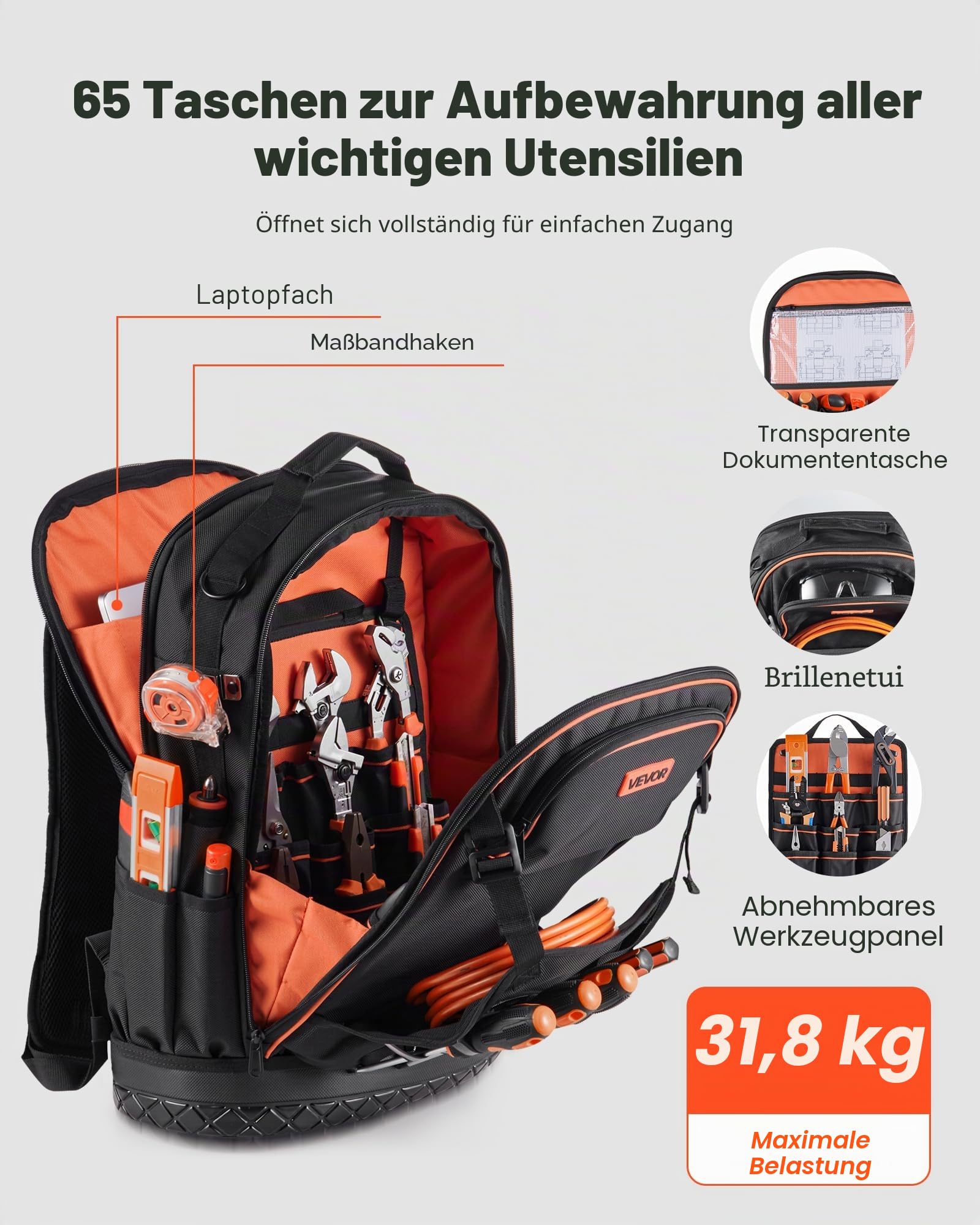VEVOR Werkzeugrucksack, 65 Taschen, Werkzeug-Aufbewahrungs-Organizer, Backpack mit Laptopfach & geformtem Boden, Baustellenrucksack für Elektriker, Reparaturarbeiter & Heizungstechniker