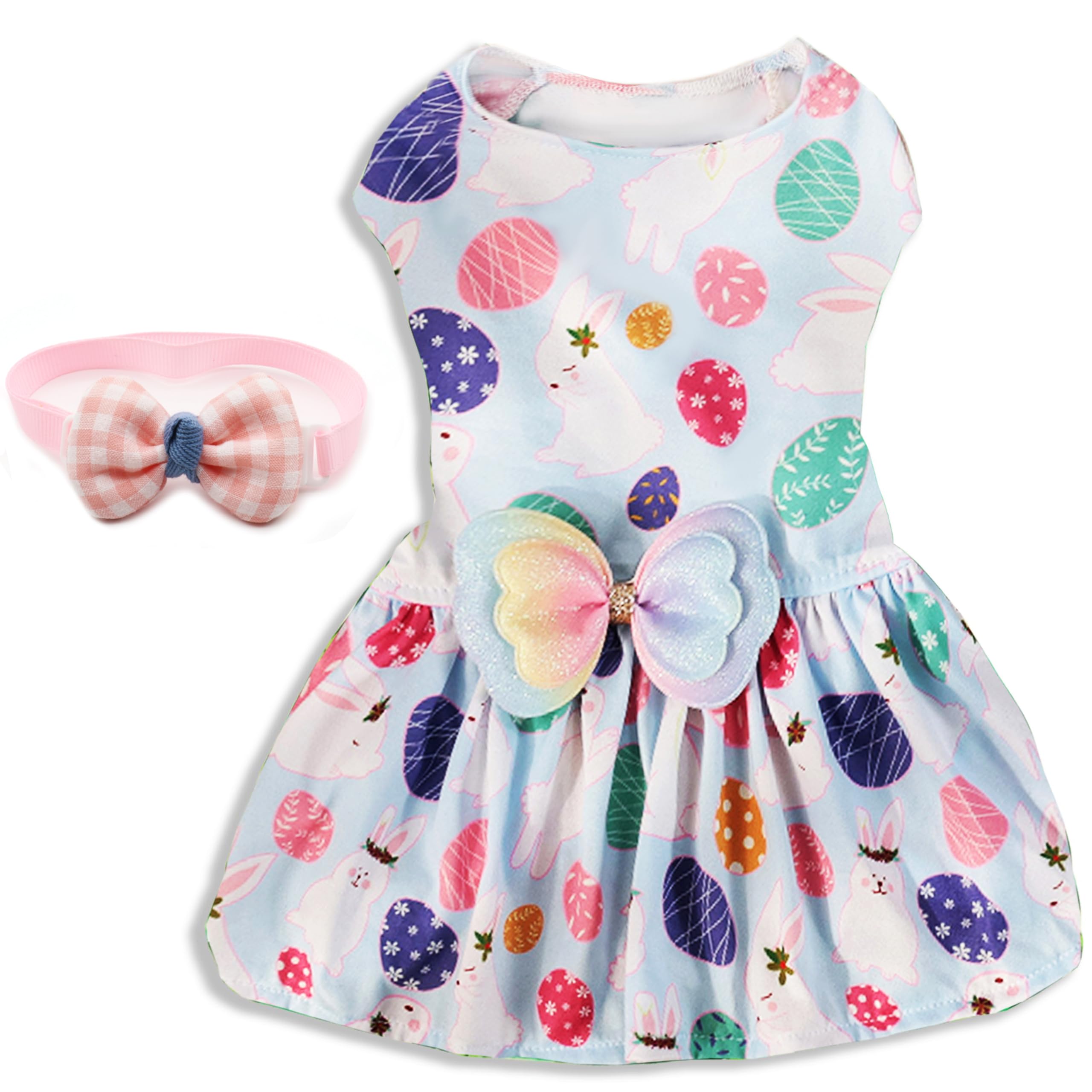 Easter Dog Dress with Bowtie Festive Bunny and Easter Egg Design for Small Dogs, Includes Matching Bowtie for a Complete Look
