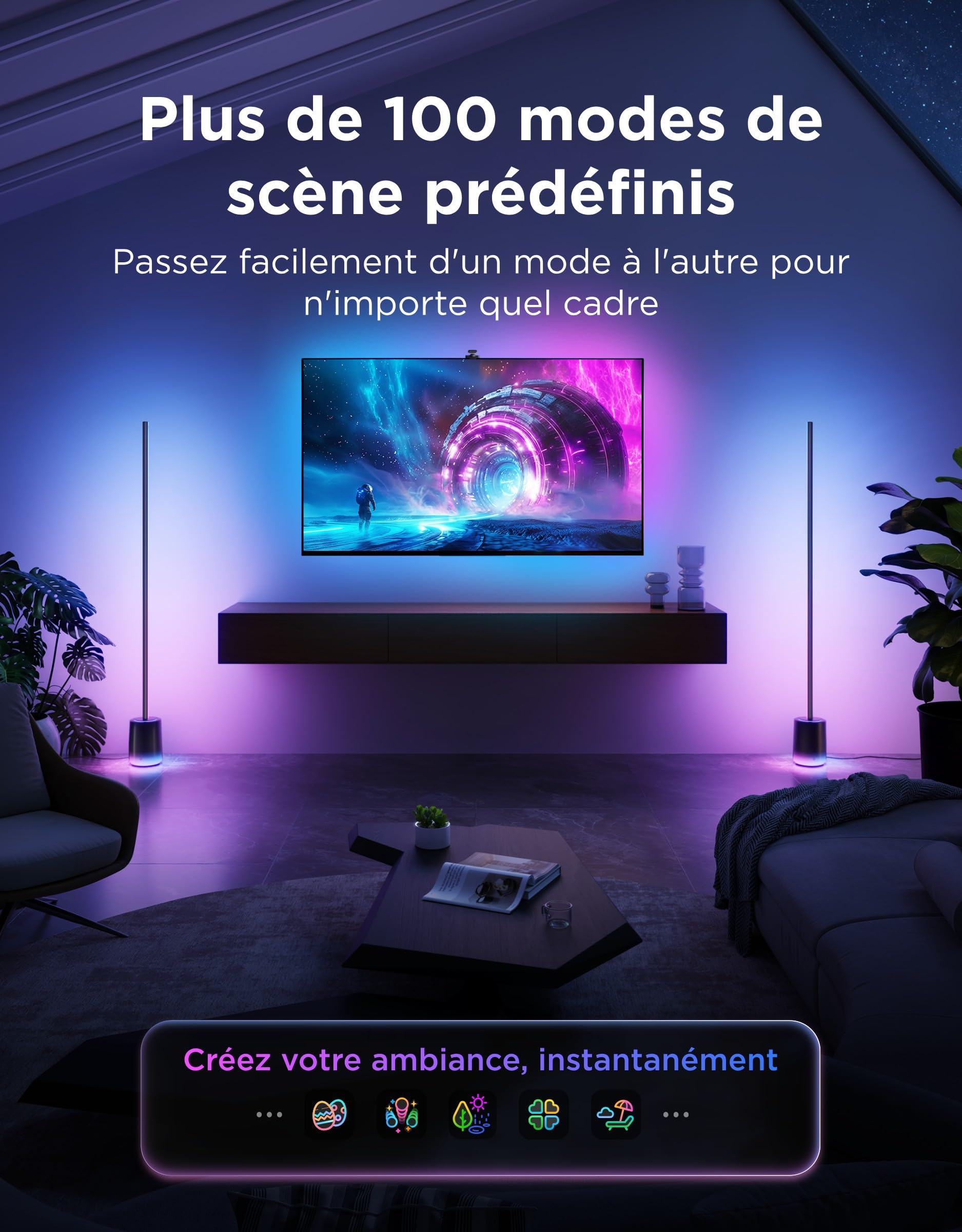 Govee Lampe au sol 3, technologie Luminblend+, RGBWWIC 2100lm dimmable, compatible Matter, 1000-10000K, lampe moderne pour salon, chambre, coin, avec scènes dynamiques