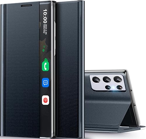 Miniatura 8 de Funda para Samsung Galaxy S21 Ultra 5G, Clear View Slim para Samsung S21 Ultra 5G, funda de lujo con espejo de policarbonato duro, soporte de cuero