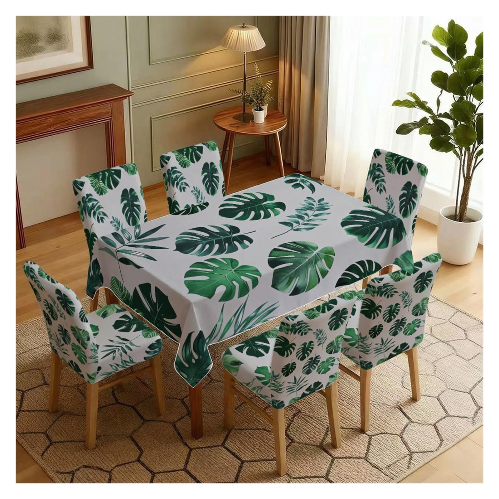 KXUAUV Stretch Dining Chair Slipcover & Tablecloth Set, Grey Base Green Tropical Monstera Leaf Print, 5/7 Pack, Fresh Modern Botanical Home Decor Party Decor(7pcs Set: Tablecloth+Chair Covers)