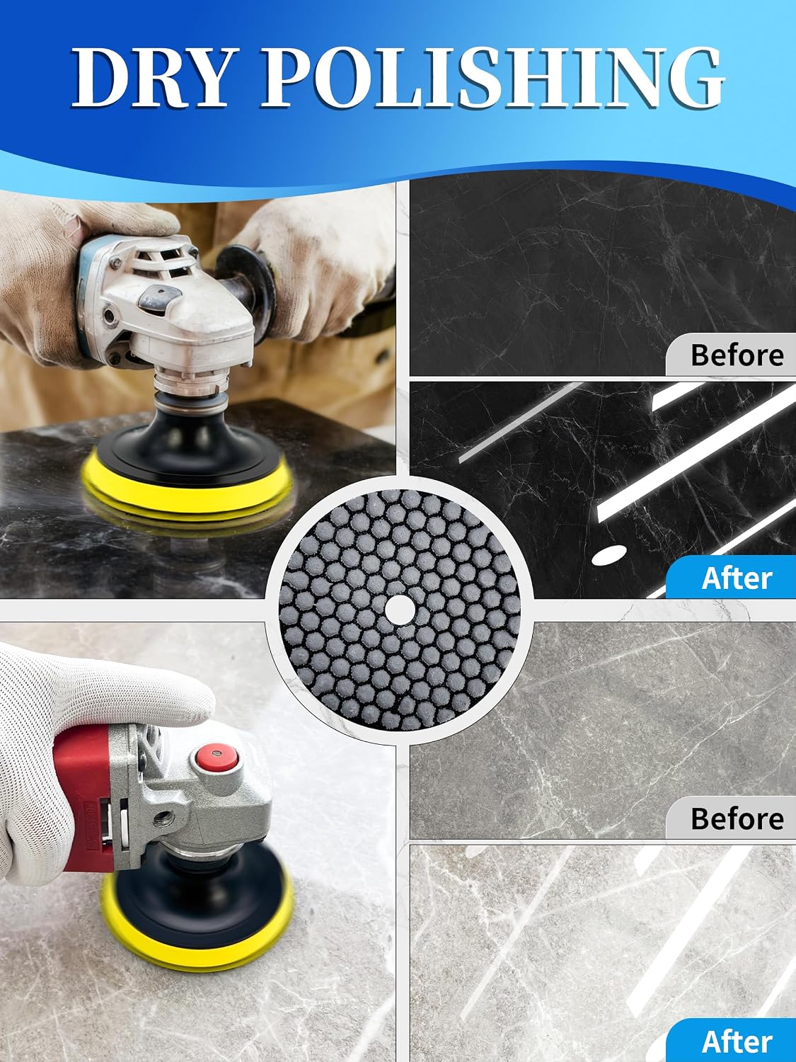 Dry Diamond polishing Pads 4 Inch Plus a Plastic Backer for Granite Marble Stone Quartz Set of 7 Pieces