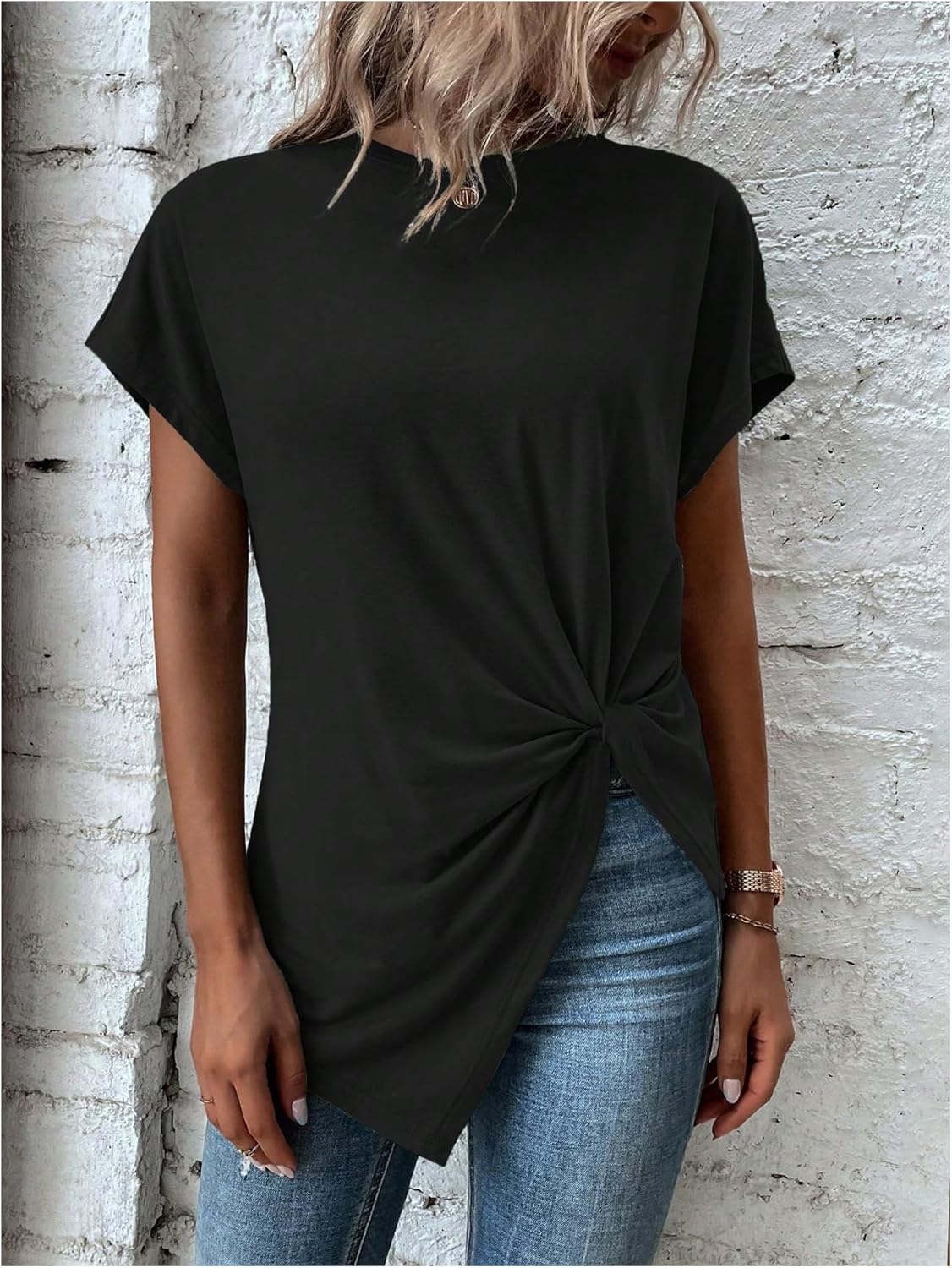 SOLY HUX Asymmetrical Tops for Women Twist Front Short Sleeve Crew Neck Tee Summer Casual T Shirt